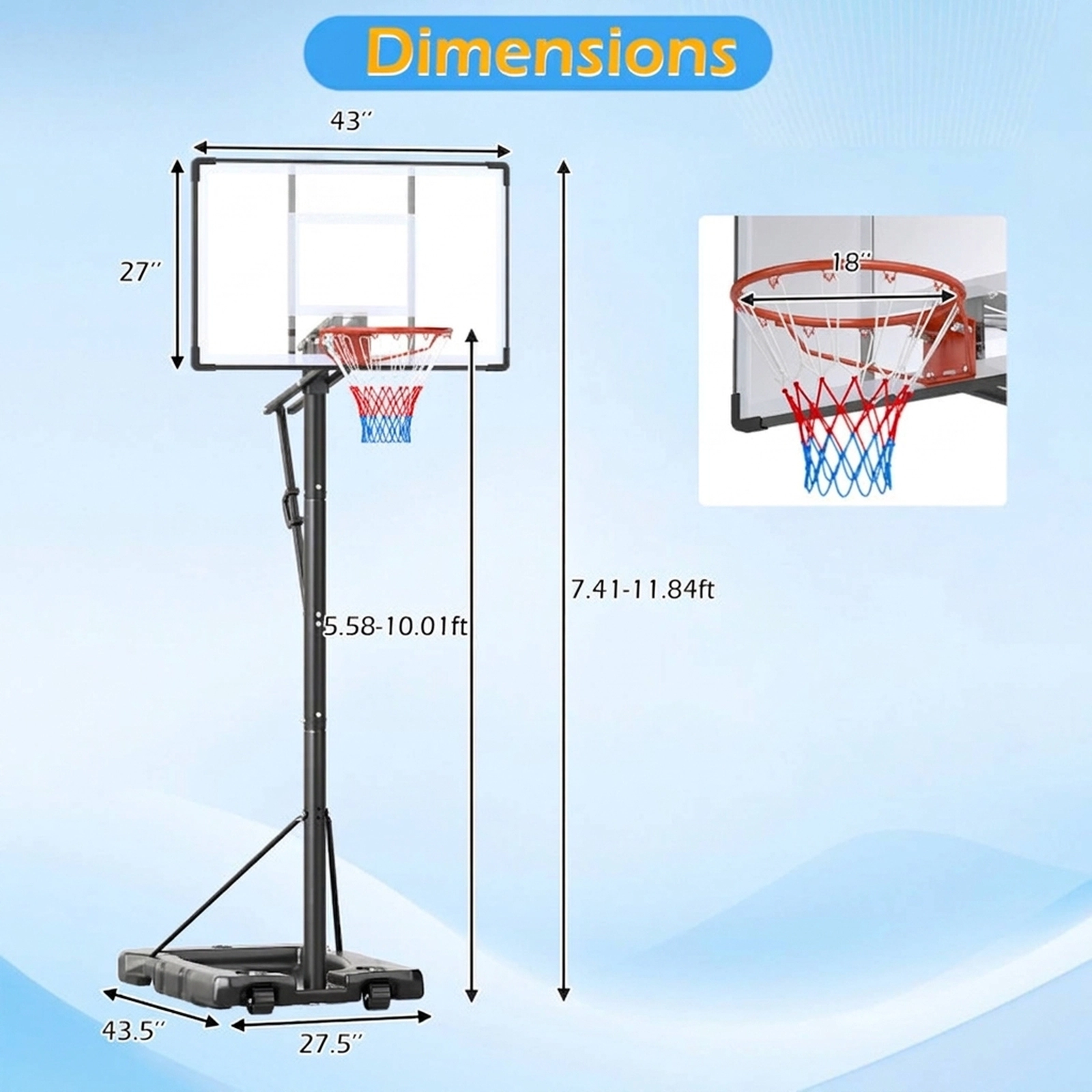 SUGIFT 10-ft 3-Section Pole Portable Basketball Hoop with 43-in PC Backboard and 97-lb Fillable Base
