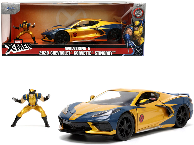 Jada 2020 Chevrolet Corvette C8 Stingray Gold Metallic and Dark Blue and Wolverine Diecast Figurine "X-Men"