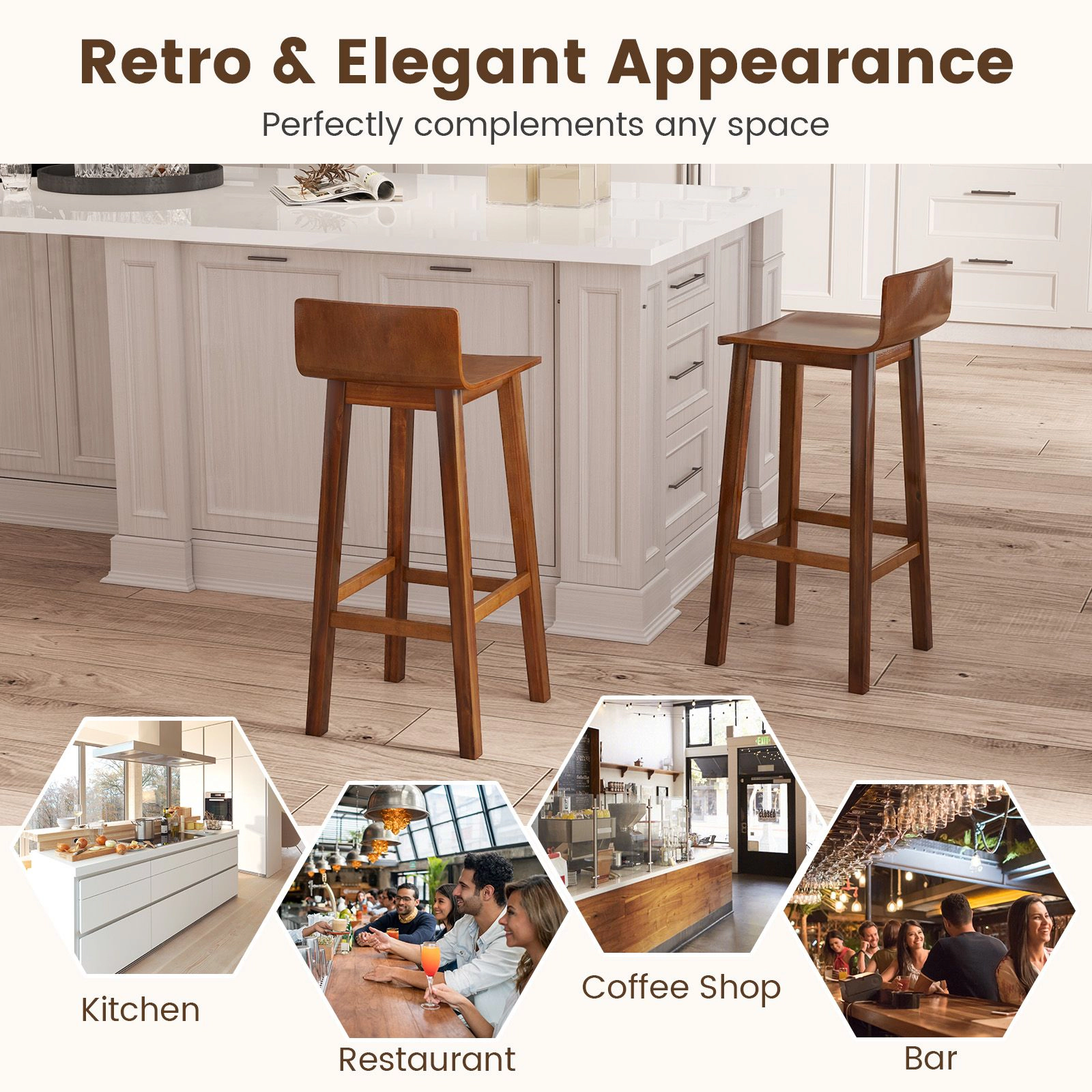 SlickBlue Set of 2 Walnut Counter Height Bar Stools with Curved Seat and Footrest Set