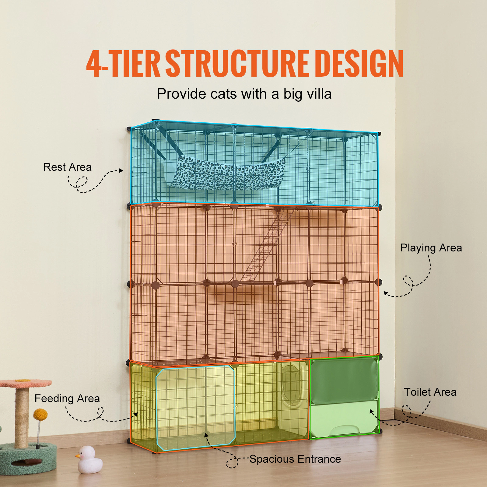HONGGE 41 x 14 x 55 in 4-Tier Cat Cage with Litter Box, Hammock & Ramp, Indoor/Outdoor Enclosure, Black