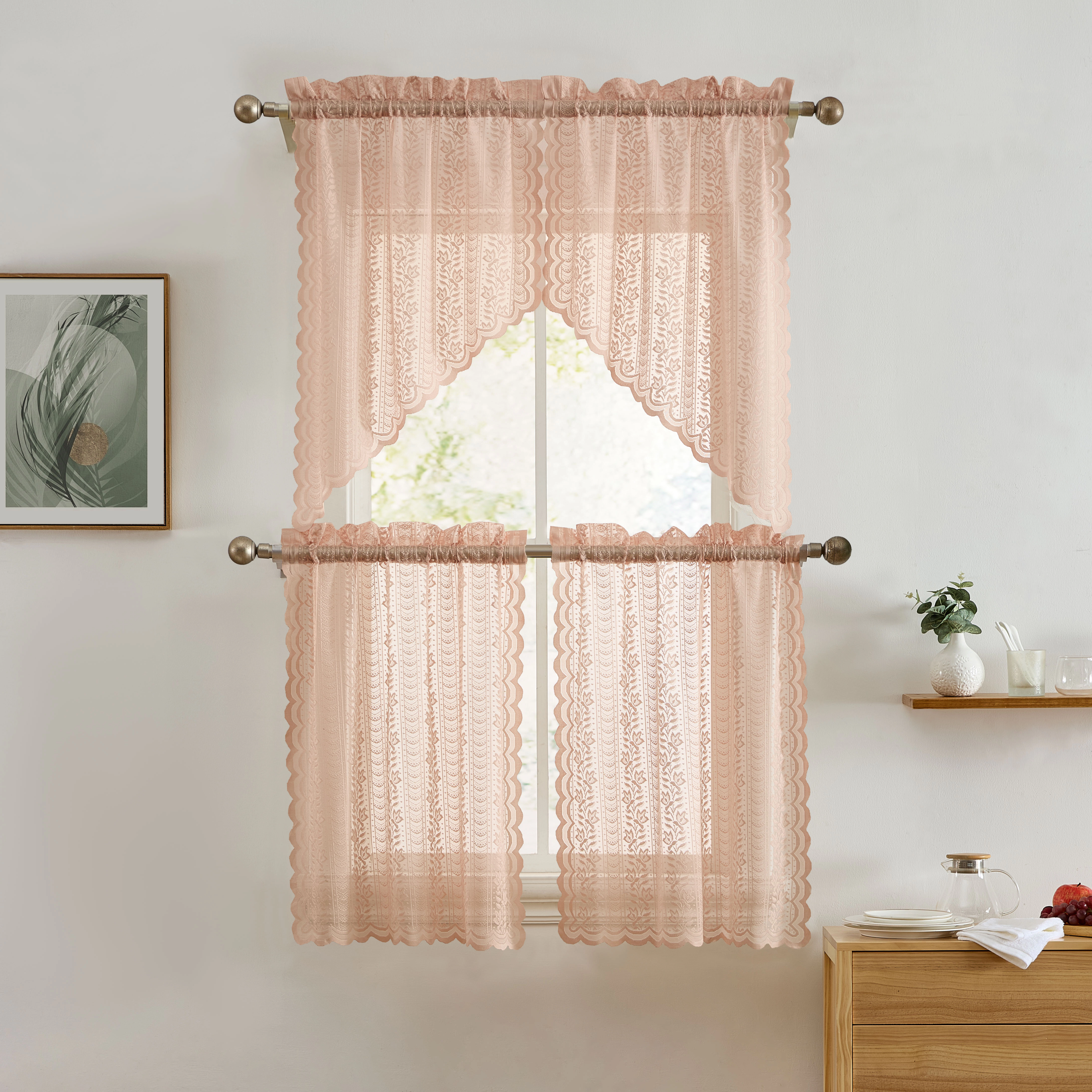 HLC.ME Sophia Floral Rod Pocket Lace Short Cafe Swags for Small Windows - Set of 2