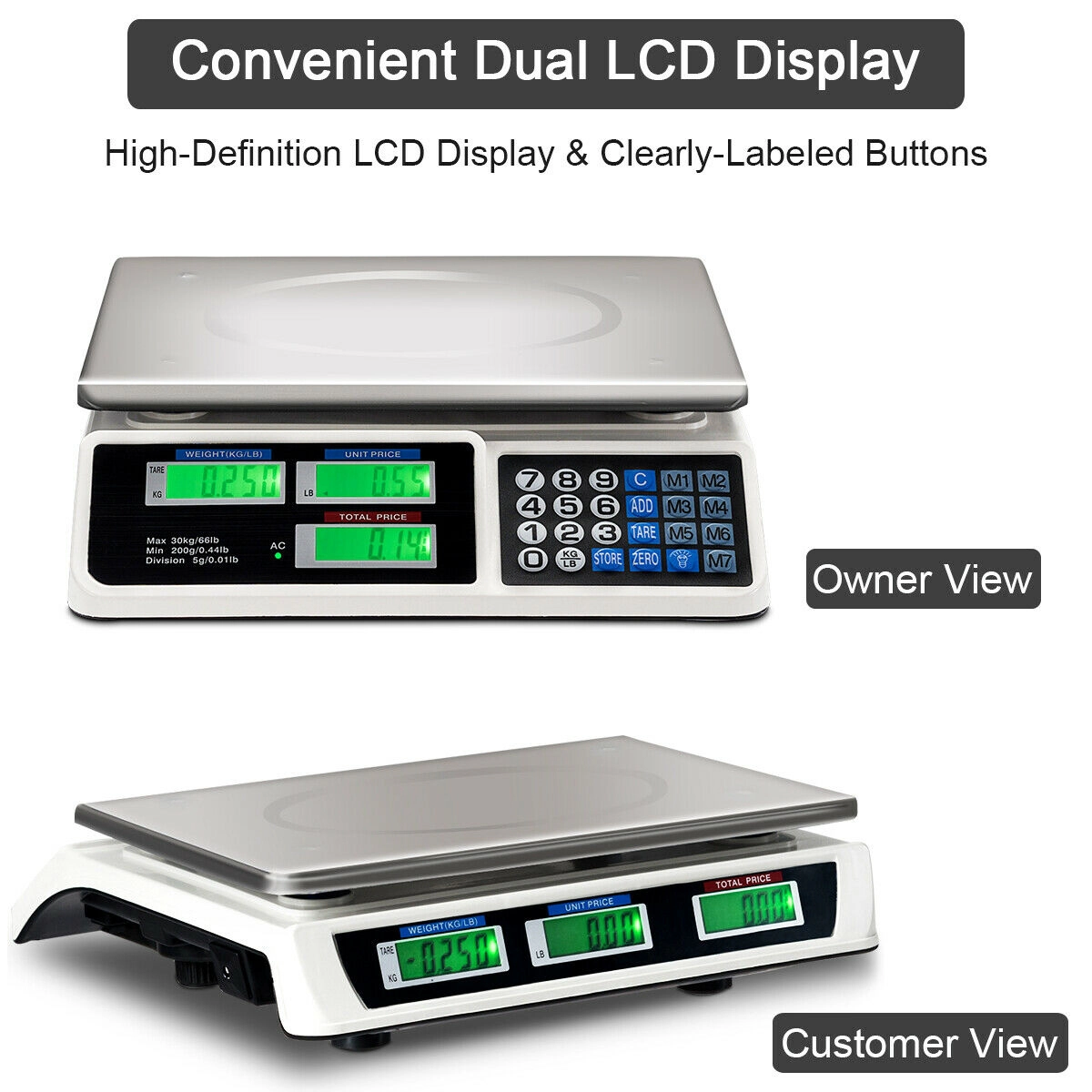 SUGIFT Electronic Price Computing Food Scale 66-lb Capacity 13.5-in Platform with Dual LCD Screens Steel ABS Housing