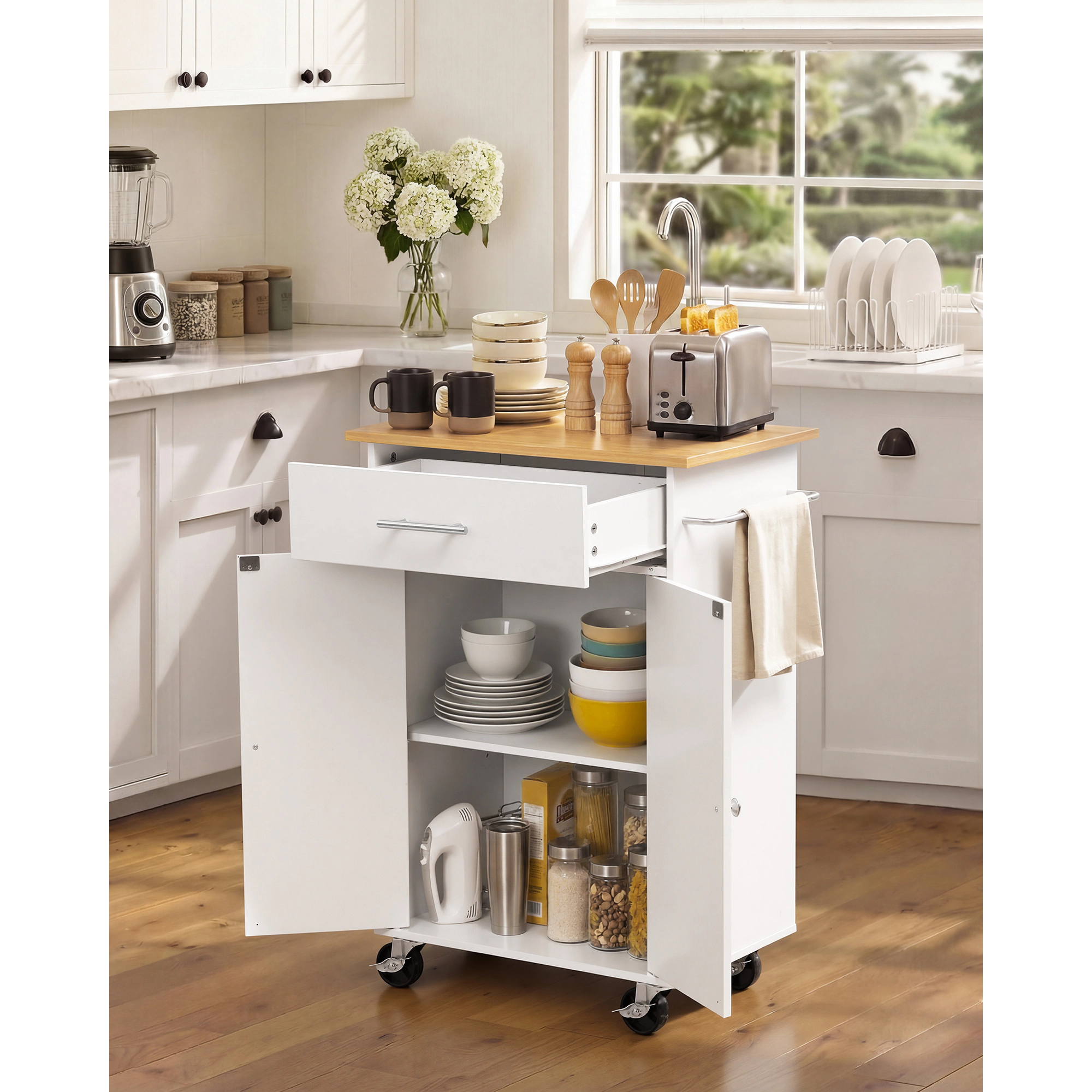 HONGGE Kitchen Island Cart with Storage Mobile Rolling Storage Island on Swivel Wheels with Drawer Storage Cabinet Rack