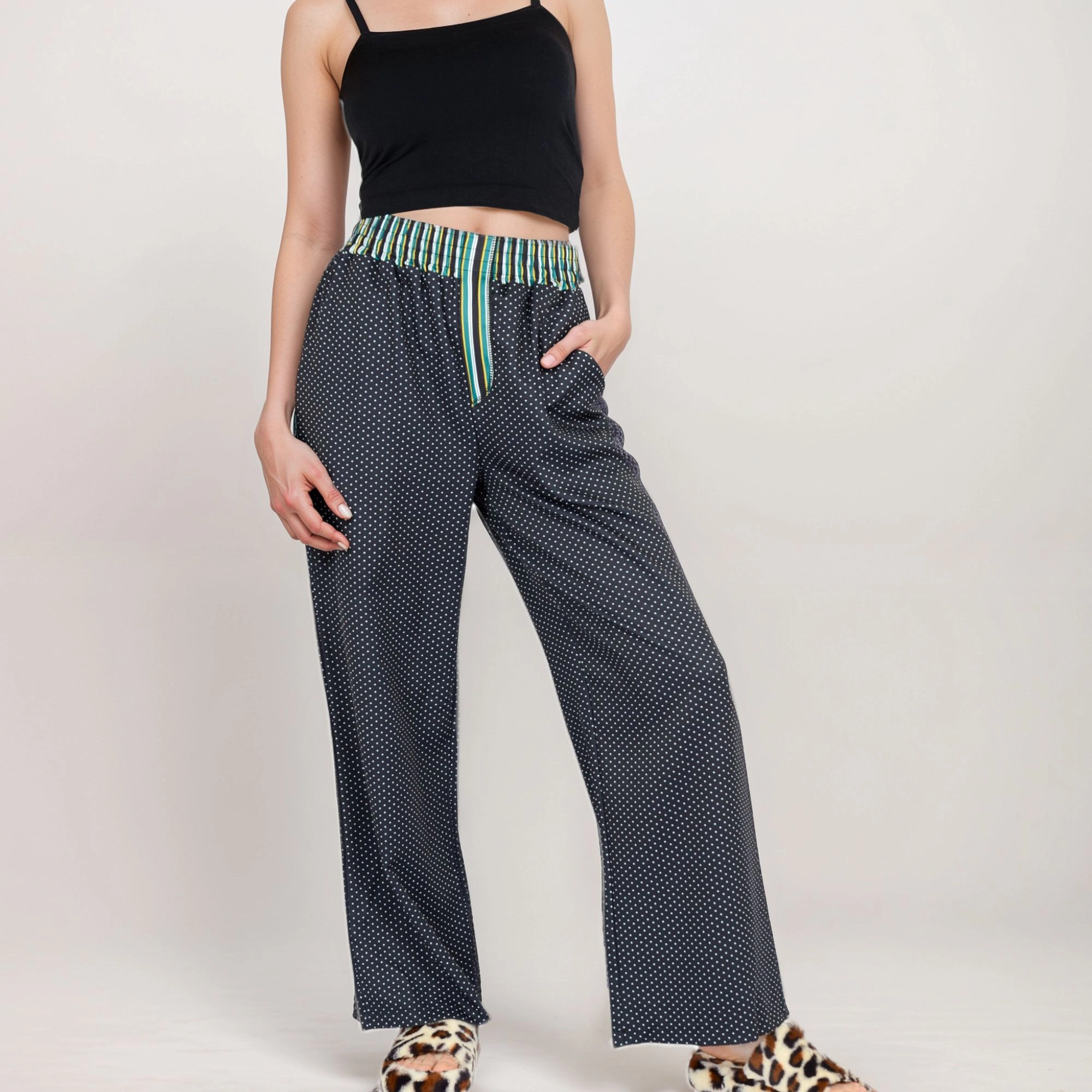 Anna-Kaci Women's Red Vertical Stripe Wide Leg Pants with Smocked Waistband Contrast Plaid Detail and Full-Length Fit