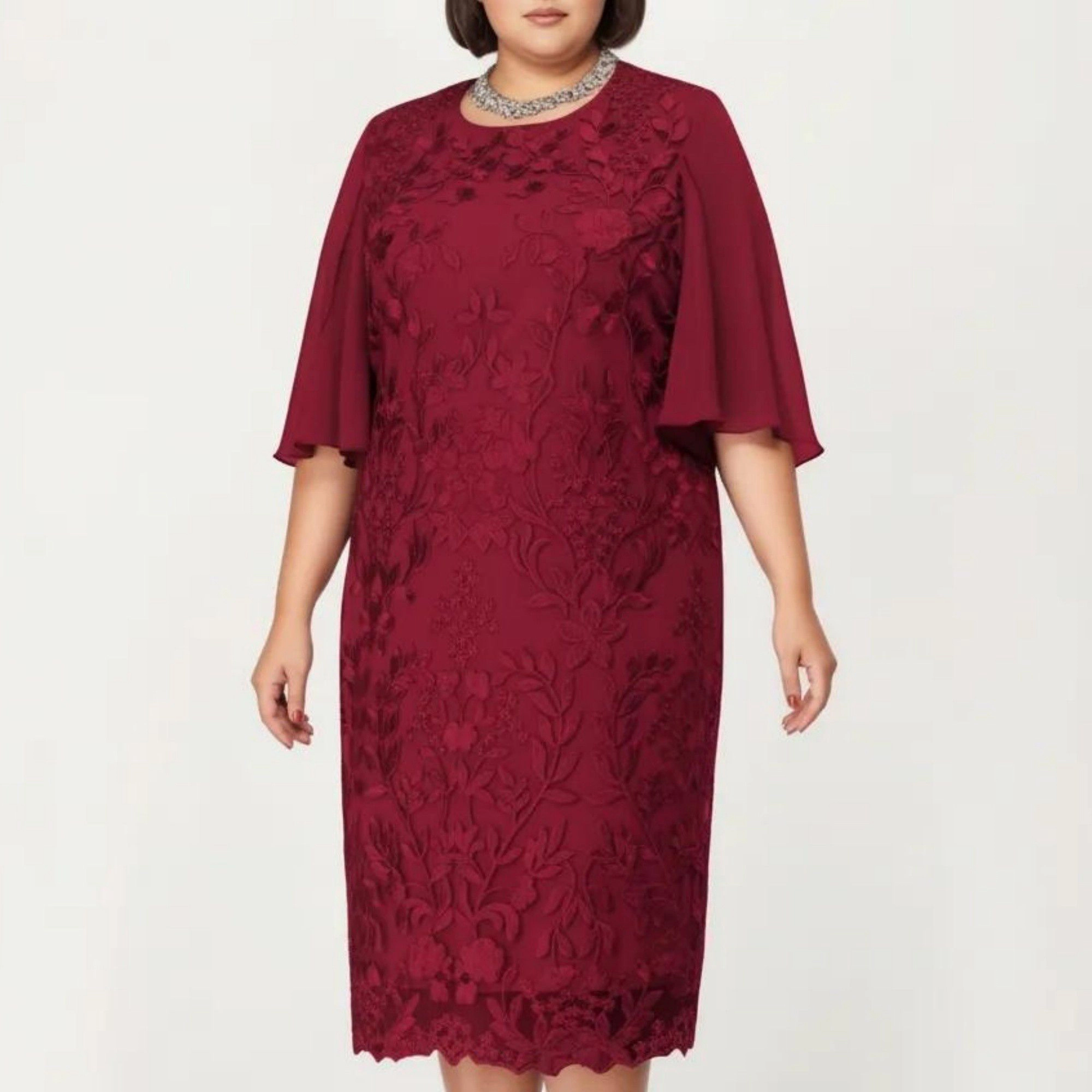 Anna-Kaci Women's Plus Lace Sheer Overlay Short Sleeve Loose Fit Elegant Knee Length Midi Dress
