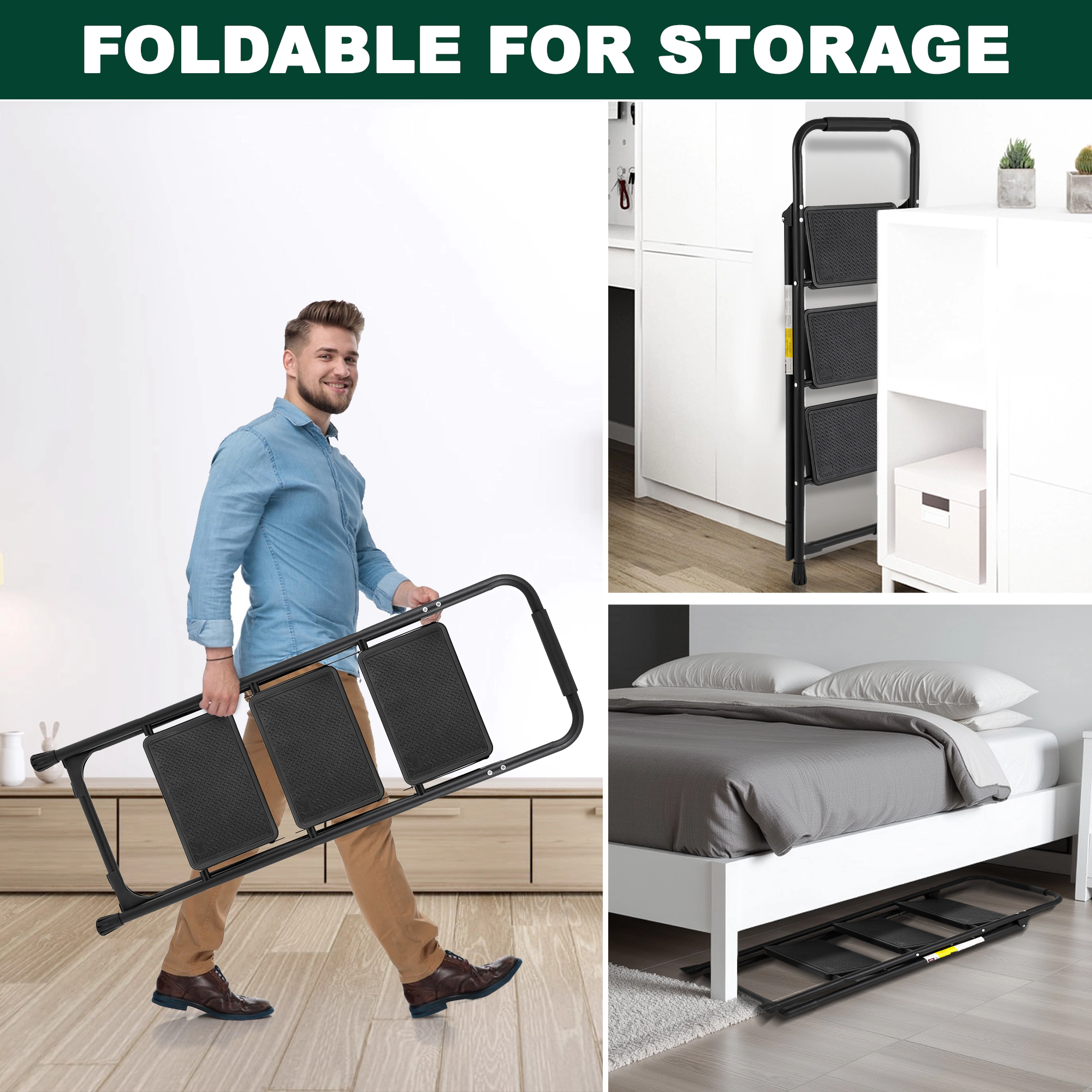 Flynama 3 Step Ladder- 330lb Capacity Steel Foldable Step Stool (Black)