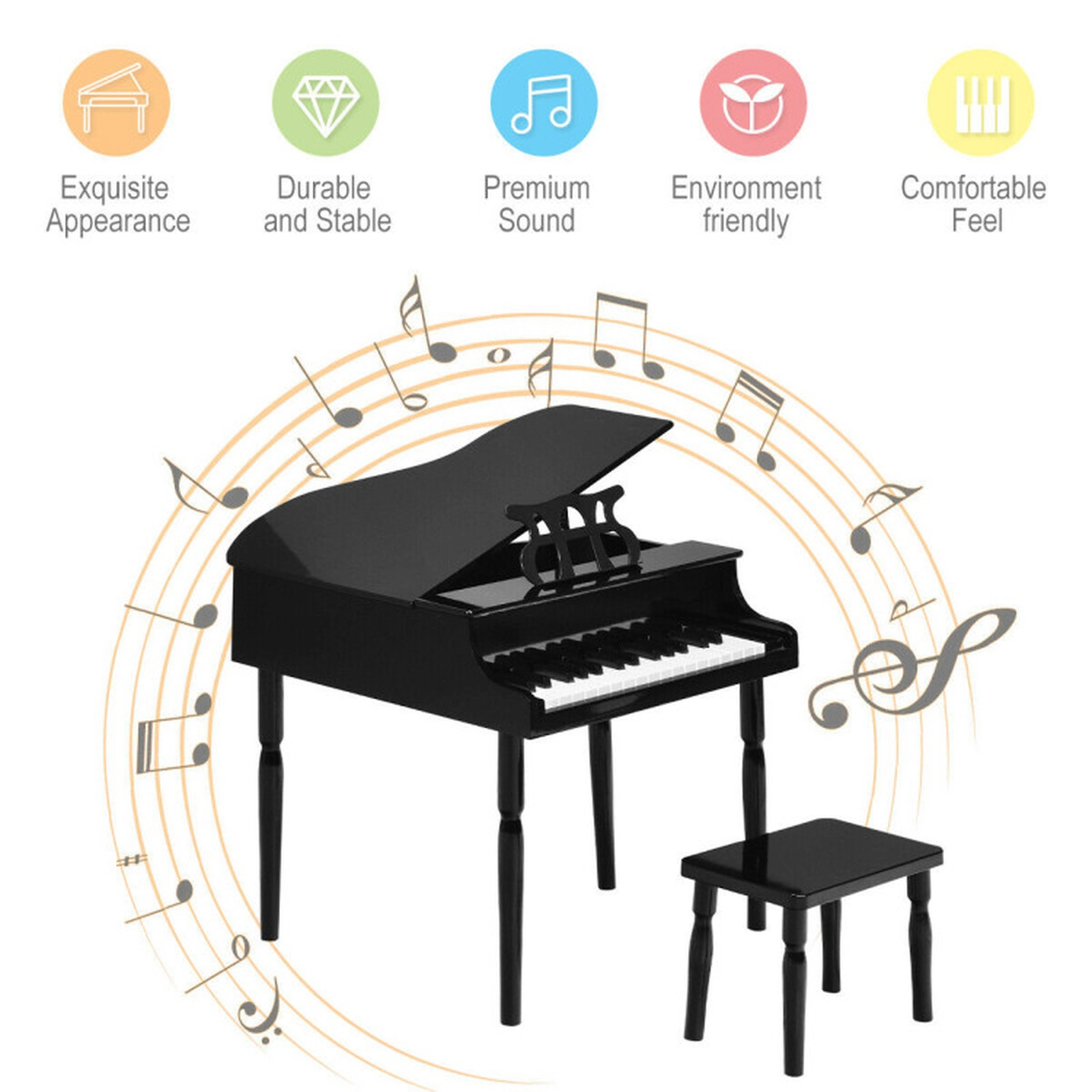 SUGIFT Black 30-Key Wood Kids Grand Piano with Bench Music Rack and Environmentally Friendly MDF Build