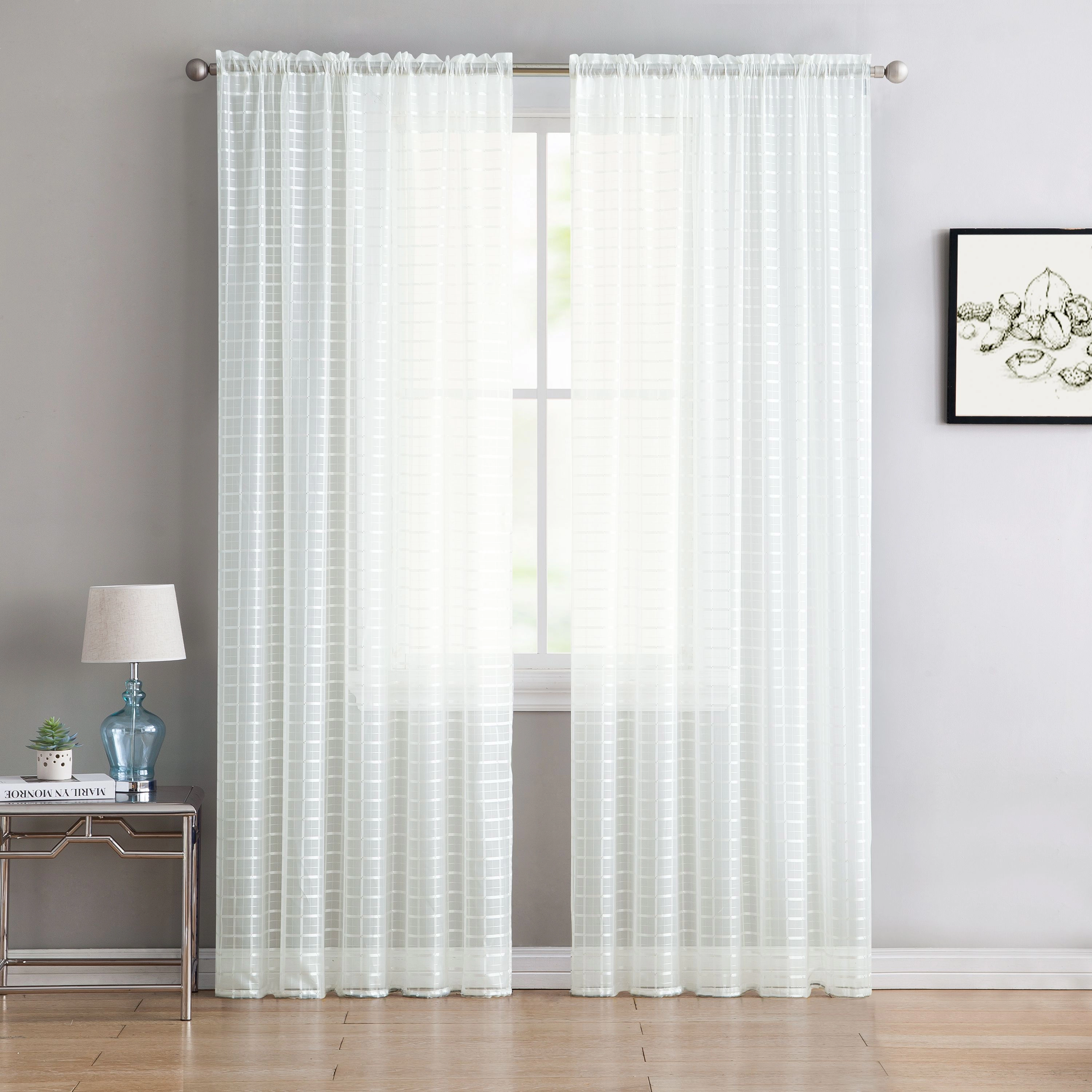 Kate Aurora 2 Piece Rod Pocket Plaid Sheer Voile Window Curtain Panels - 84 in. Long