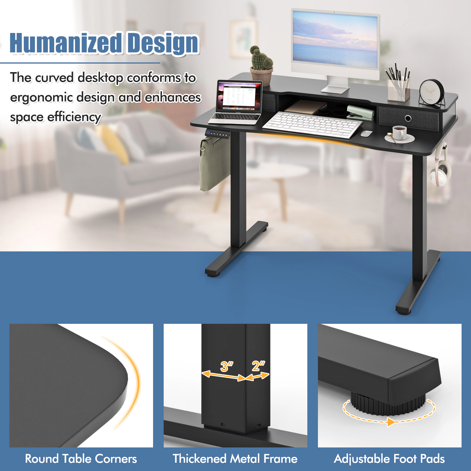 SUGIFT 48-in Black Electric Sit to Stand Desk with Full Width Shelf 2 Fabric Drawers and 3 Memory Heights