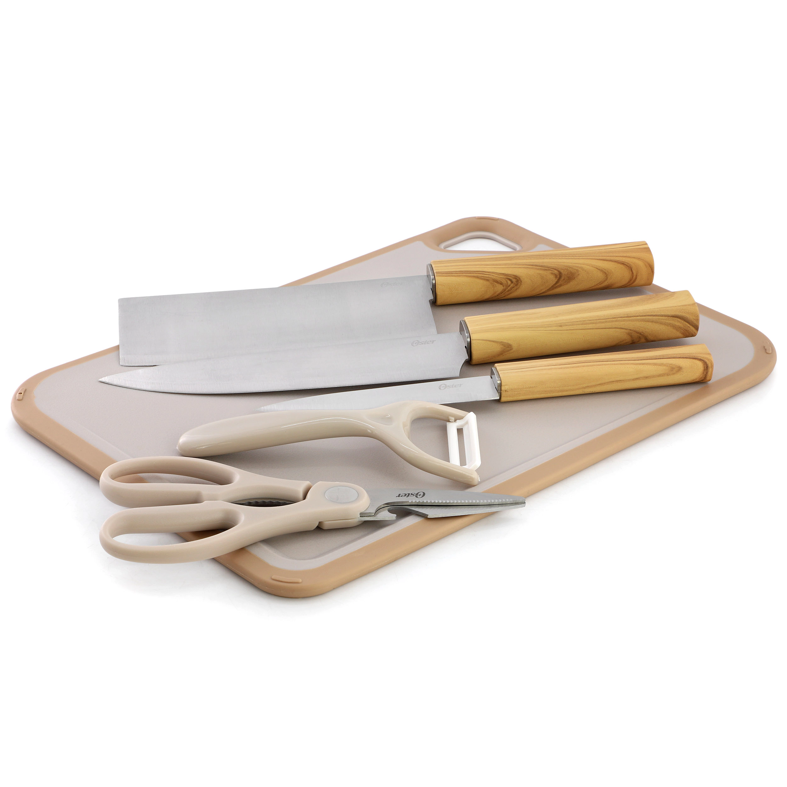 Oster Huntingfield Stainless Steel 6 Piece Cutlery and Cutting Board Set in Brown
