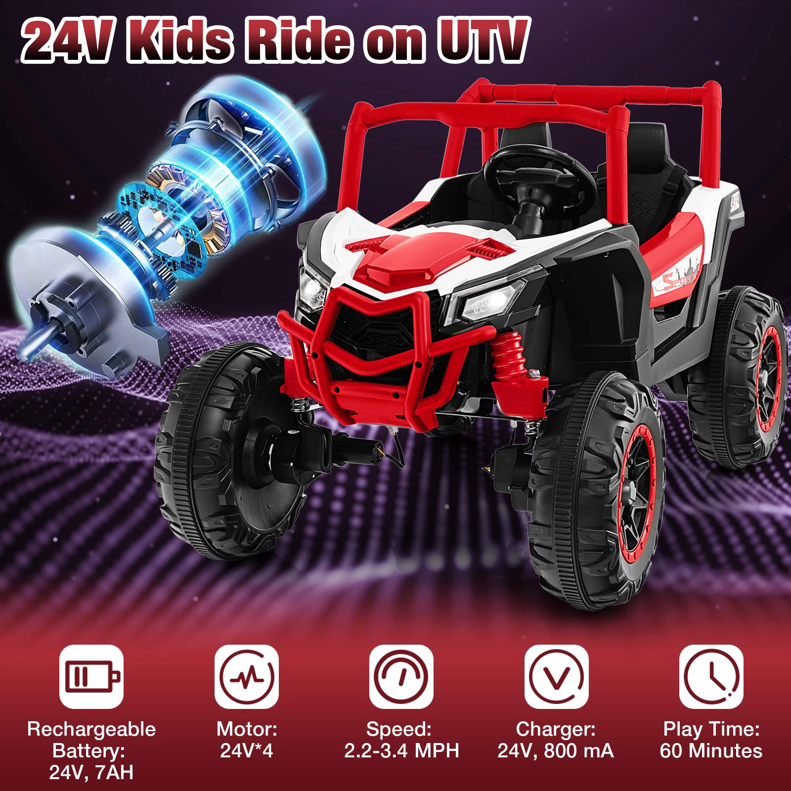 SUGIFT Red 2.4G Remote Control Spring Suspension and Music Kids 24V 2 Seater Ride On UTV