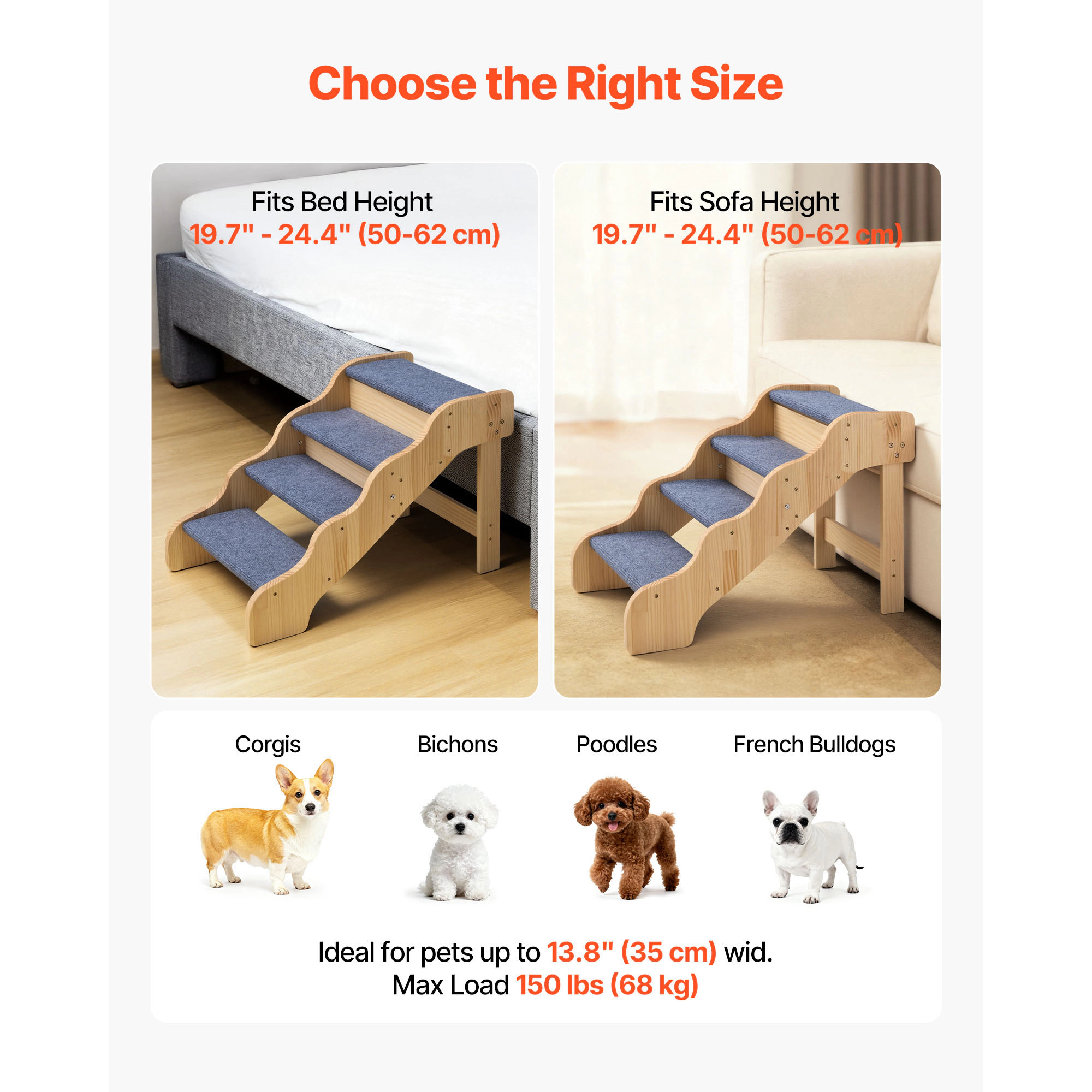 HONGGE 4-Step Non-Folding Wood Dog Stairs for High Beds & Sofas, Fixed Frame, Supports Pets up to 150 lbs