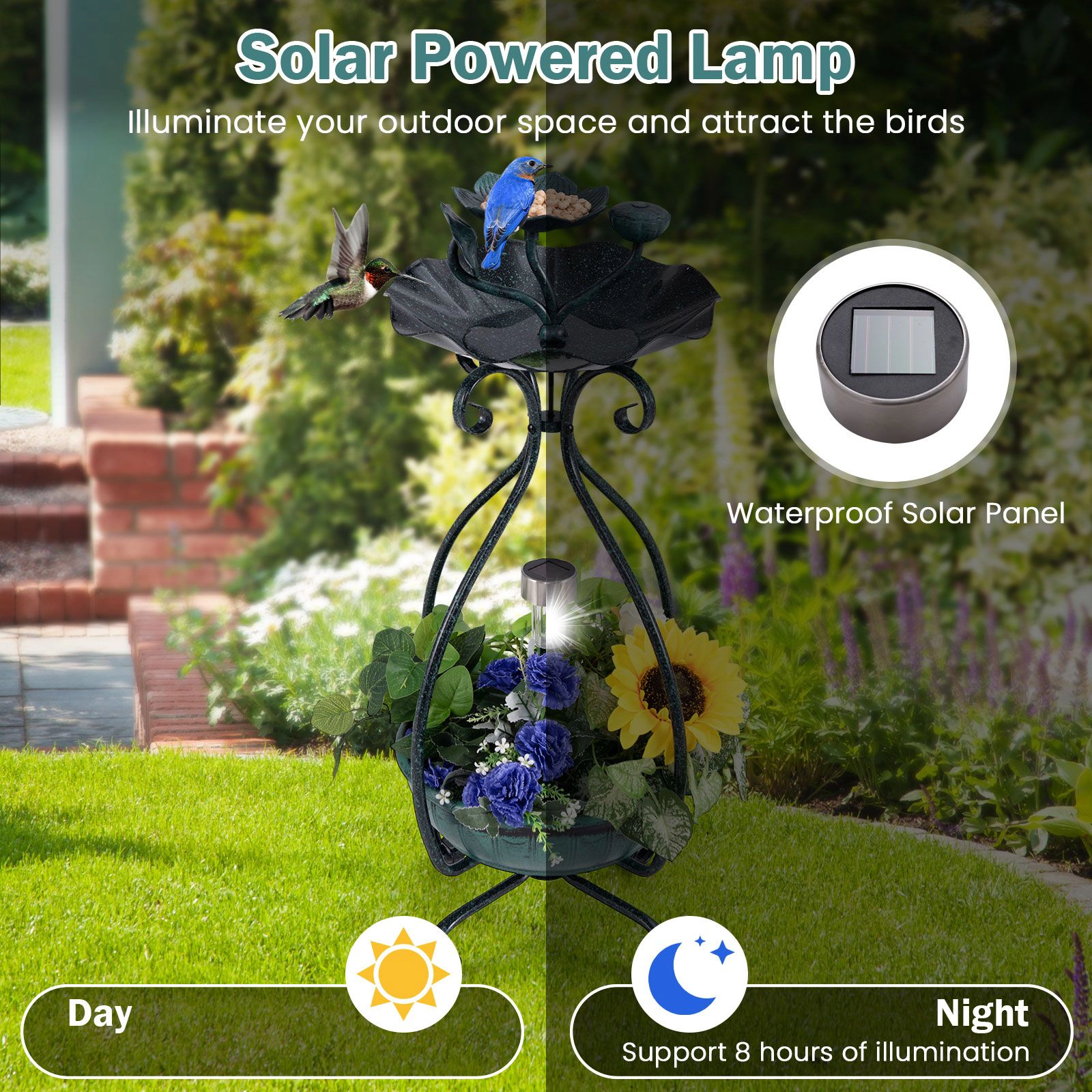 SlickBlue Standing Metal Birdbath with Solar Lights and Lotus Leaf Bowl