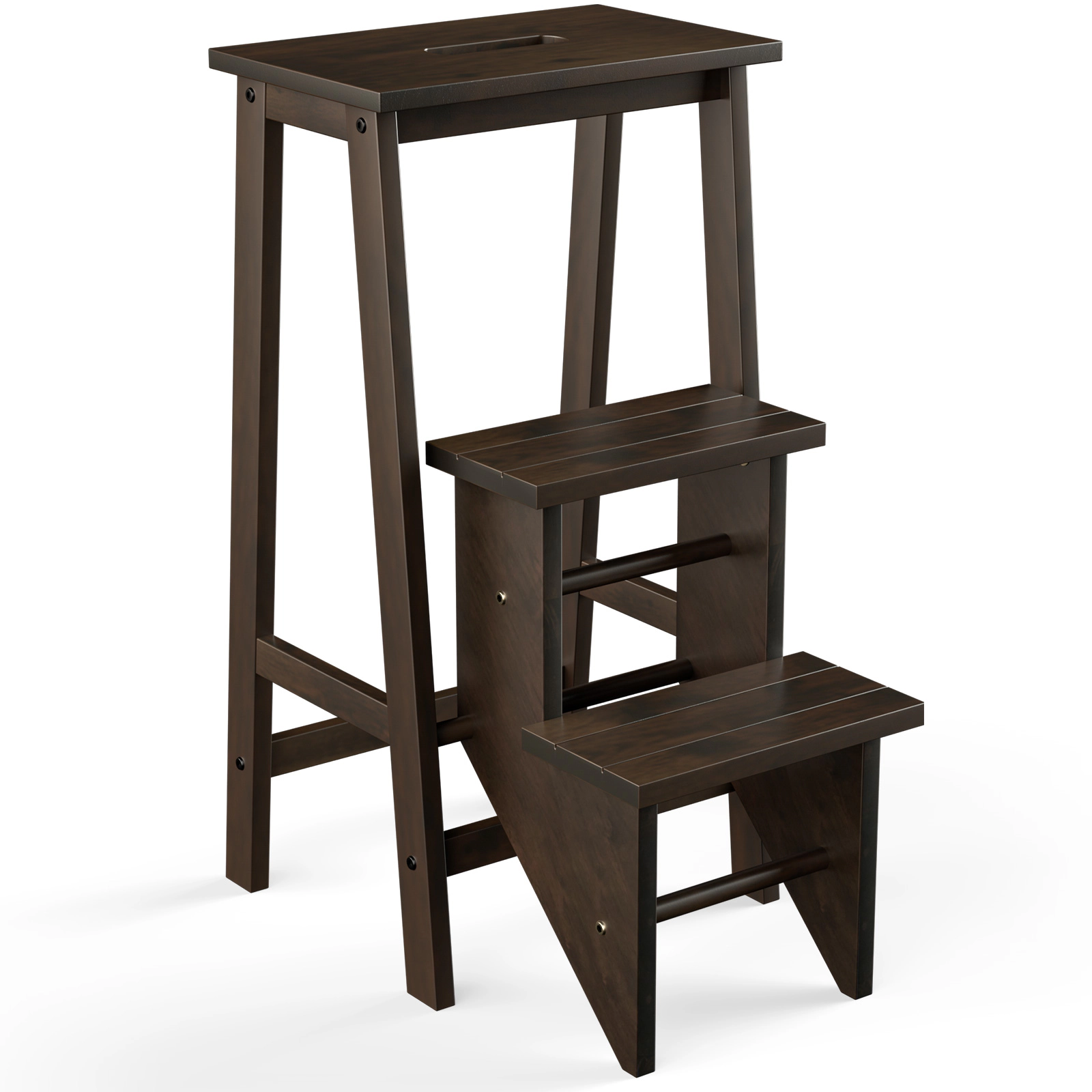SUGIFT 3-in-1 Rubber Wood 3-Tier Folding Step Stool Ladder with Storage Shelf 200-lb Capacity Each Step Brown