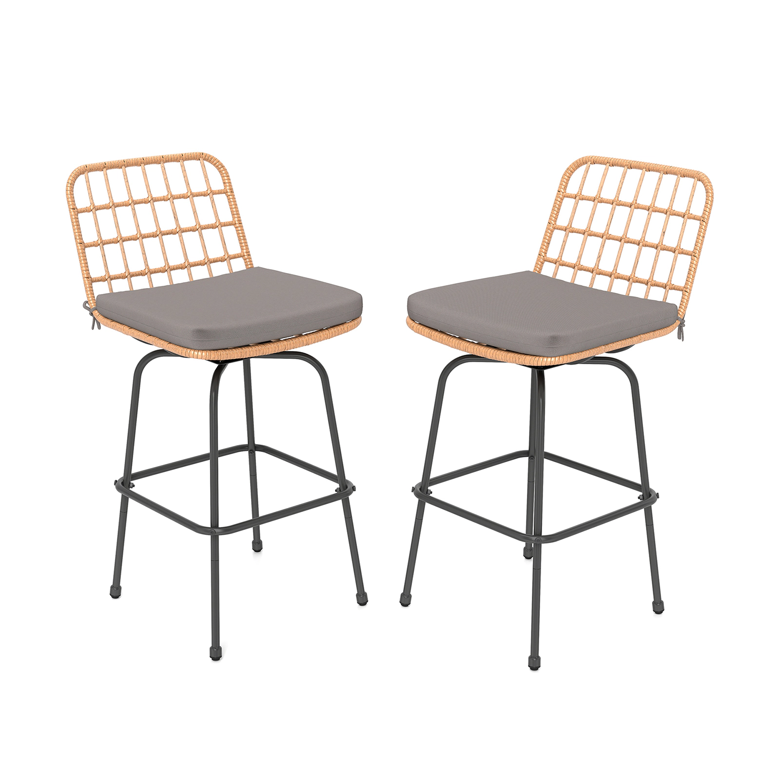 SUGIFT Gray Rattan Back and Soft Seat Cushions Set of 2 Patio Swivel Bar Stool