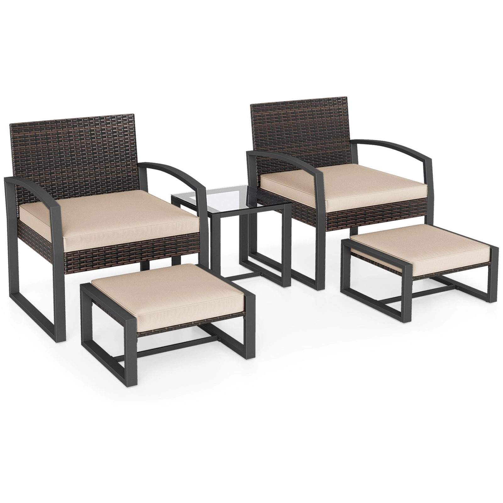 SUGIFT 5-Piece Brown Wicker Patio Conversation Set with 2 Chairs, 2 Ottomans and Glass Side Table