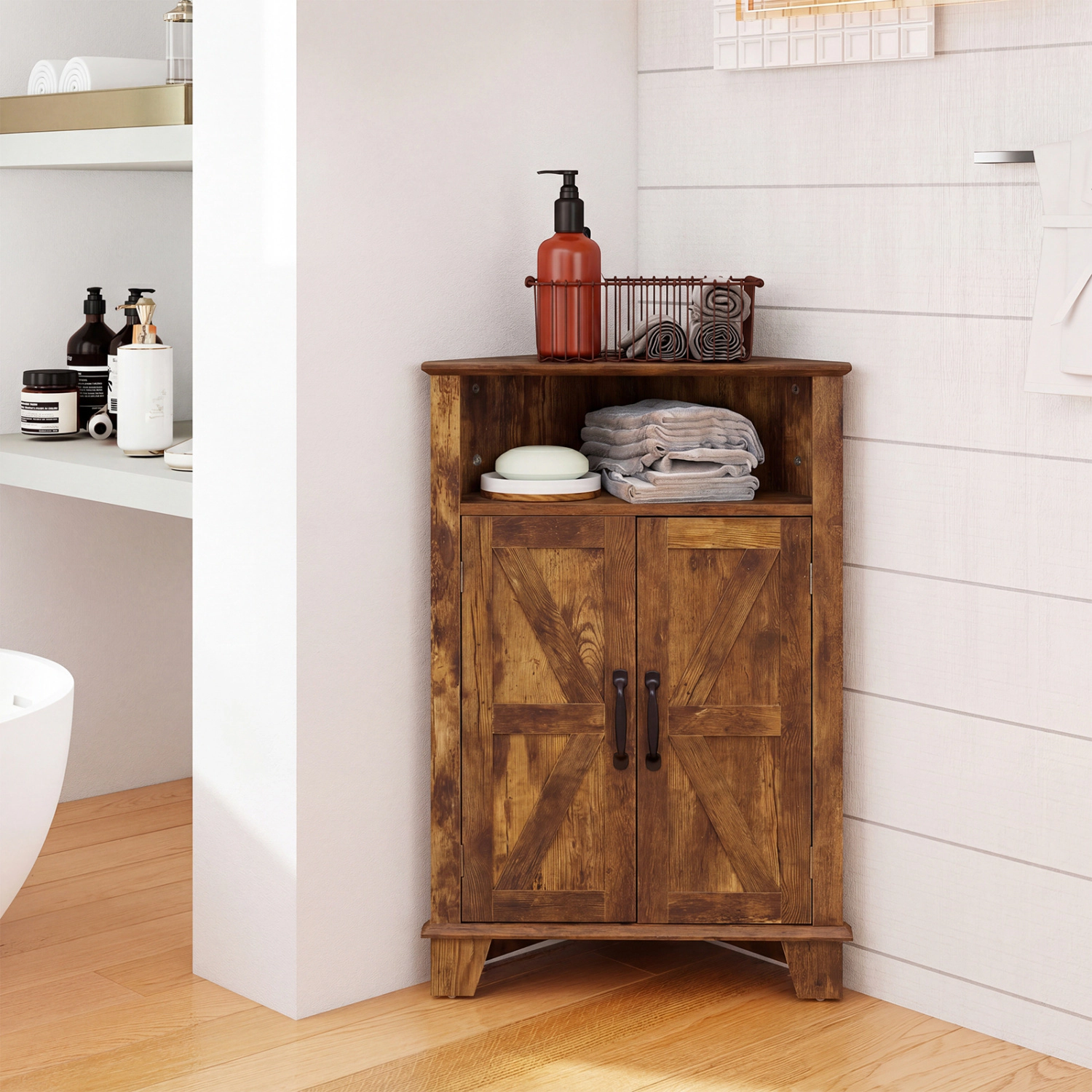 SUGIFT Rustic Brown 4-Tier Corner Accent Storage Cabinet with 2 Barn Doors and Open Shelf 22-in W 14-in D 33-in H