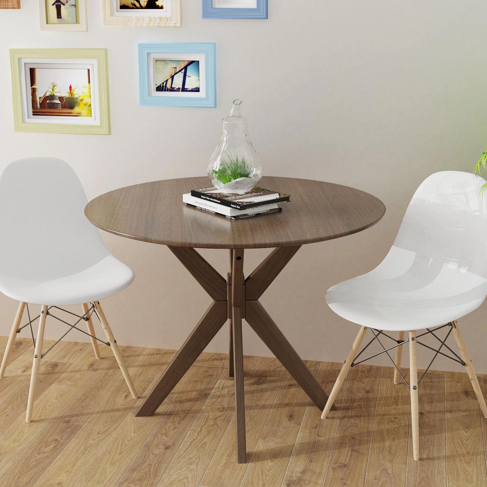 LJG 36 Inch Round Wood Dining Table with Intersecting Pedestal Base
