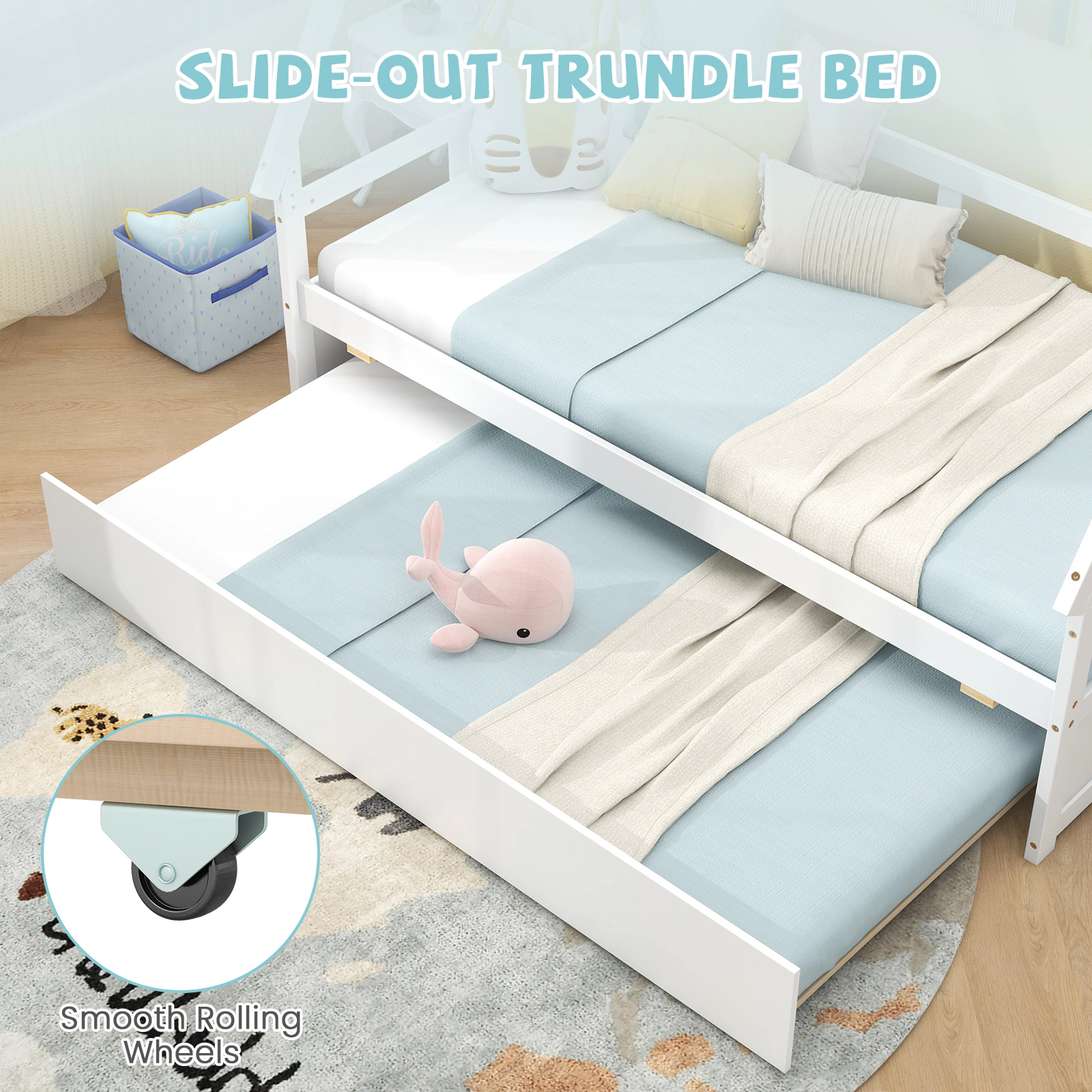 SUGIFT Twin Size House Bed with Trundle and Safety Guardrail 250-lb Bed 200-lb Trundle Capacity 78-in Frame White