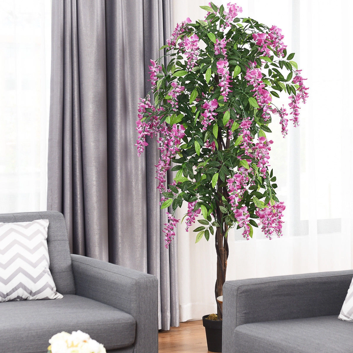 SUGIFT 6-ft Artificial Wisteria Tree with 2 Wood Trunks and 1260 Leaves in Moss Topped Pot in Purple