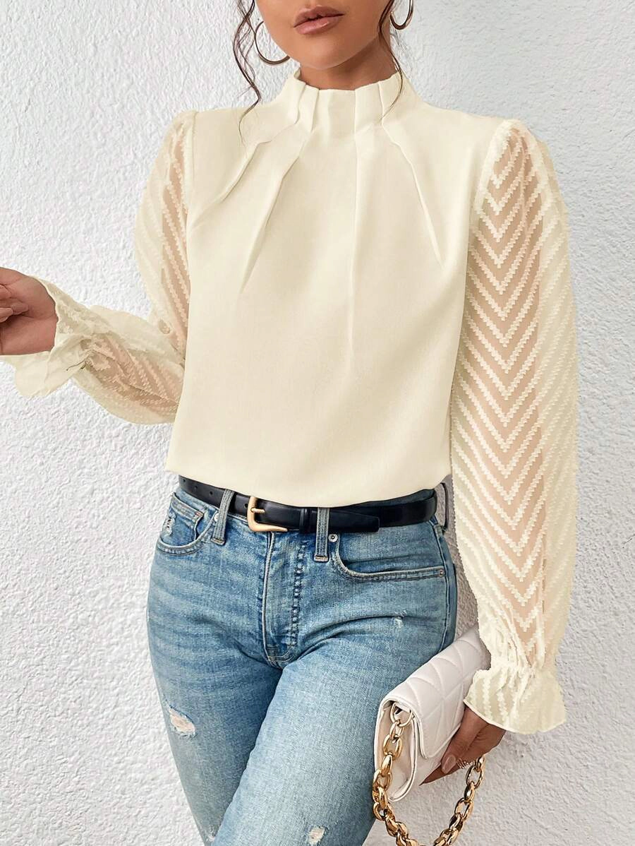 KOJOOIN Women’s Chiffon Shirt Mock Neck Office Dressy Blouses for Work Professional Long Sleeve Top