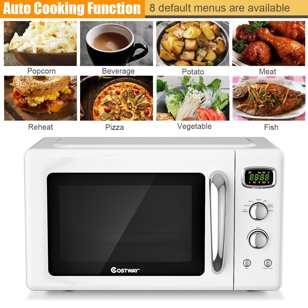 SUGIFT 900W Retro Compact Countertop Microwave Oven 0.9-cu ft Capacity 5 Power Levels 19.5 x 14 x 11-in White