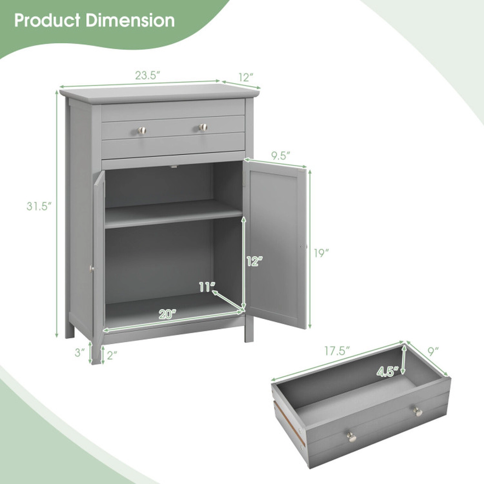 SUGIFT Gray 110-lb Top Capacity 2-Door Wooden Bathroom Floor Storage Cabinet with Drawer and Adjustable Shelf