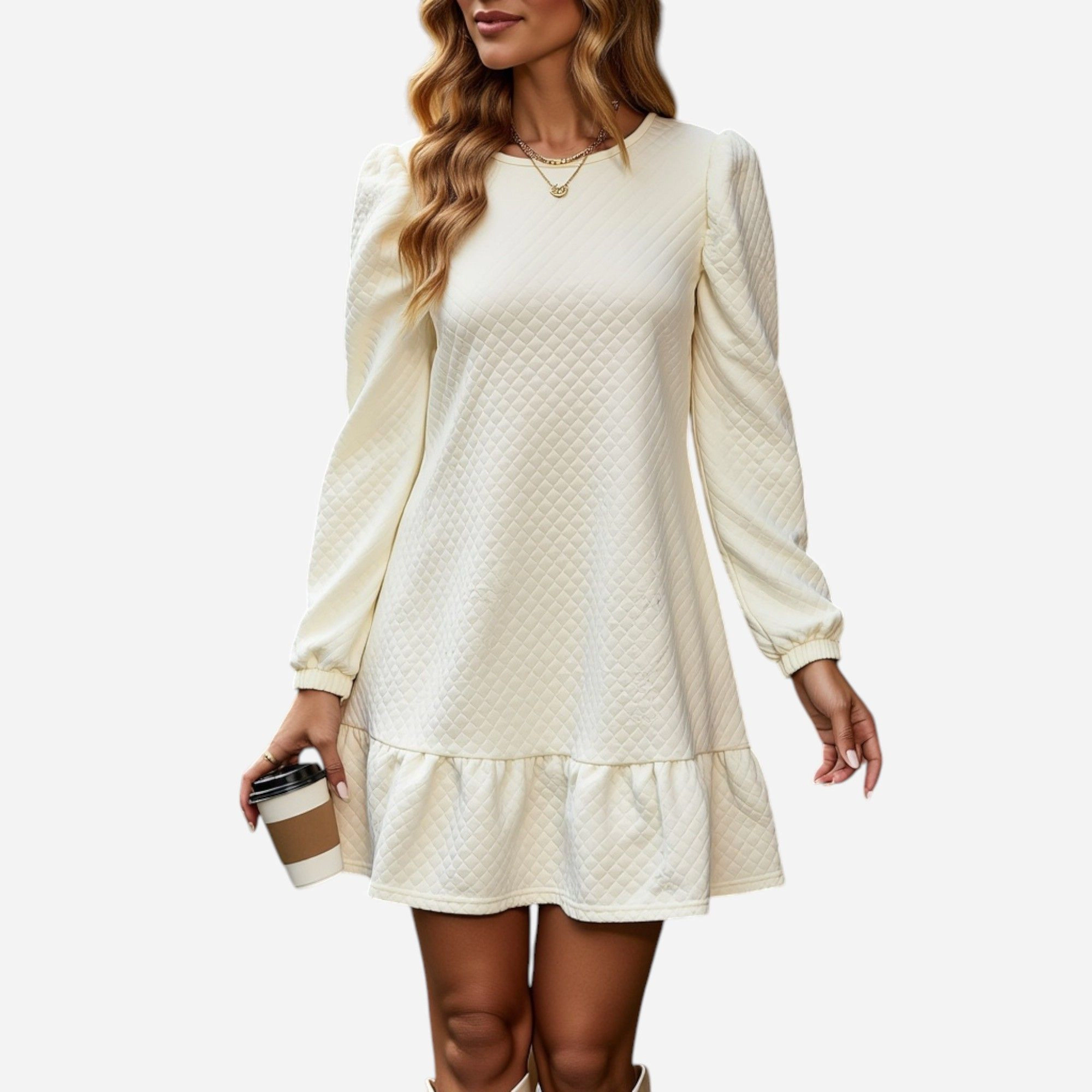Anna-Kaci Women's Long Sleeve Quilted Puff Shoulder Detail Ruffle Hem Dress