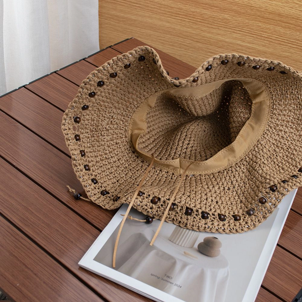 Anna-Kaci Womens Wide Brim Straw Sun Hat Beaded Trim Handmade Crochet Beach Vacation