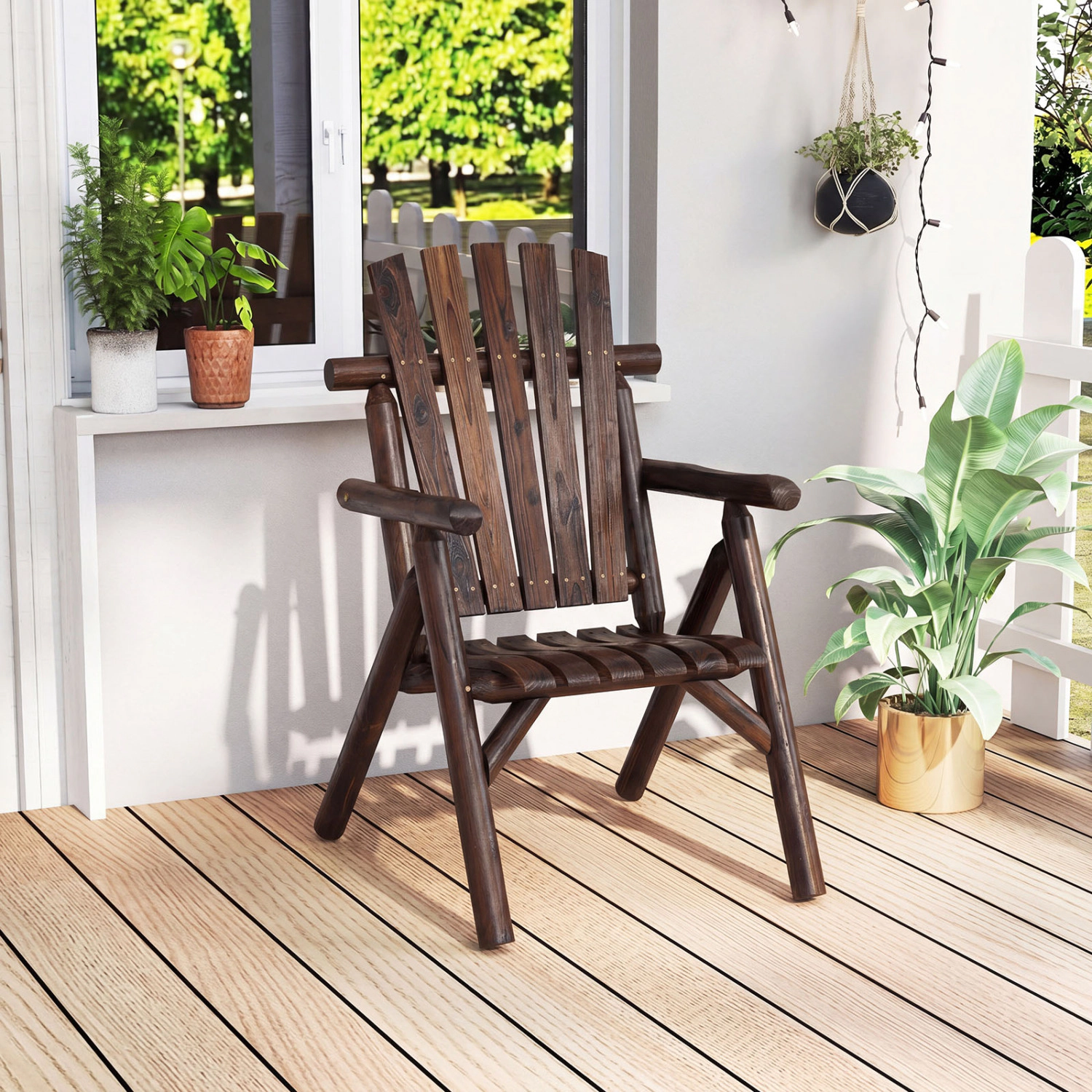 LJG Log Wood Patio Chair with Slatted Backrest for Deck Backyard