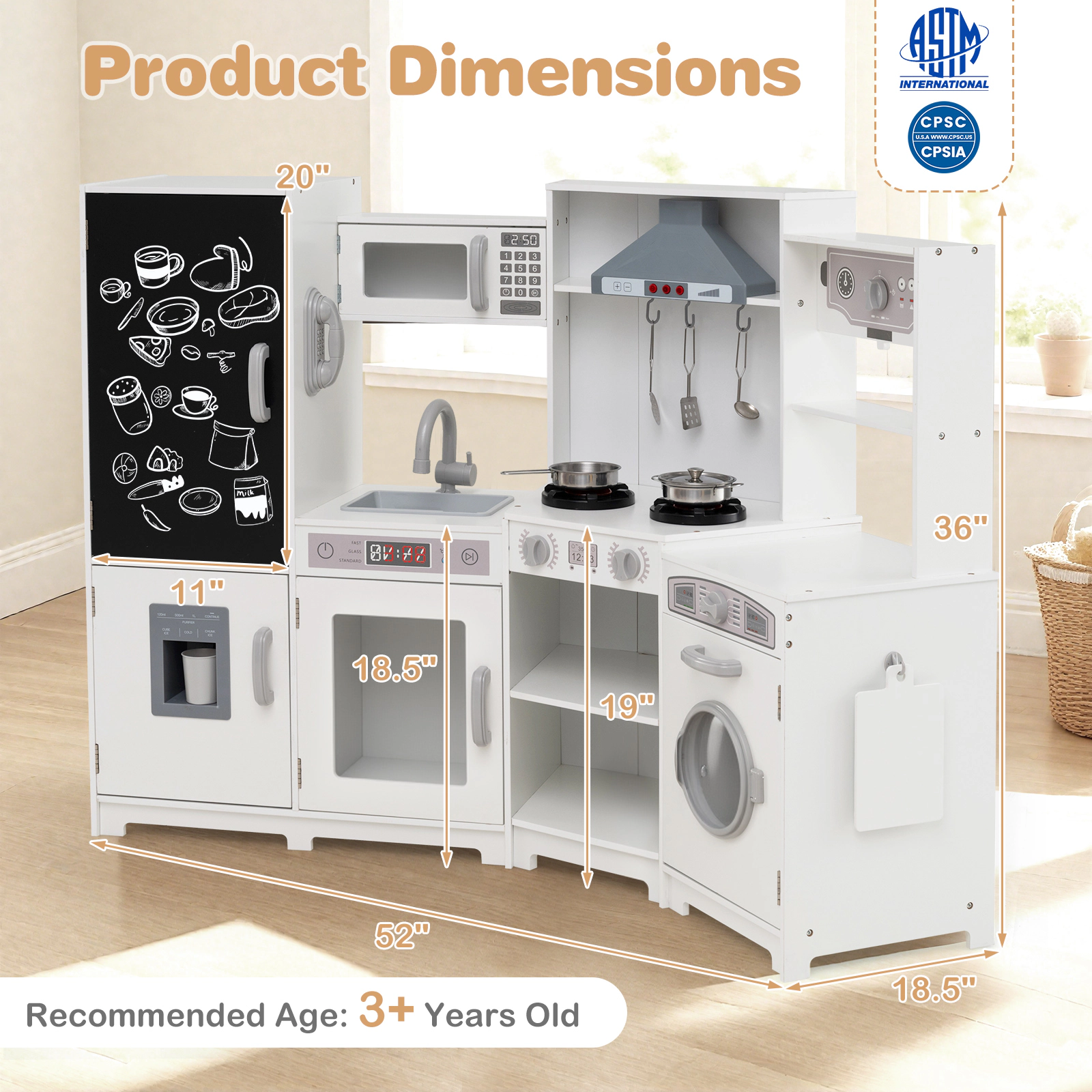 SUGIFT Corner Wooden Play Kitchen Lights & Sounds Large Pretend Play Kitchen Set 52-in Wide Ages 3+ White Espresso Pink