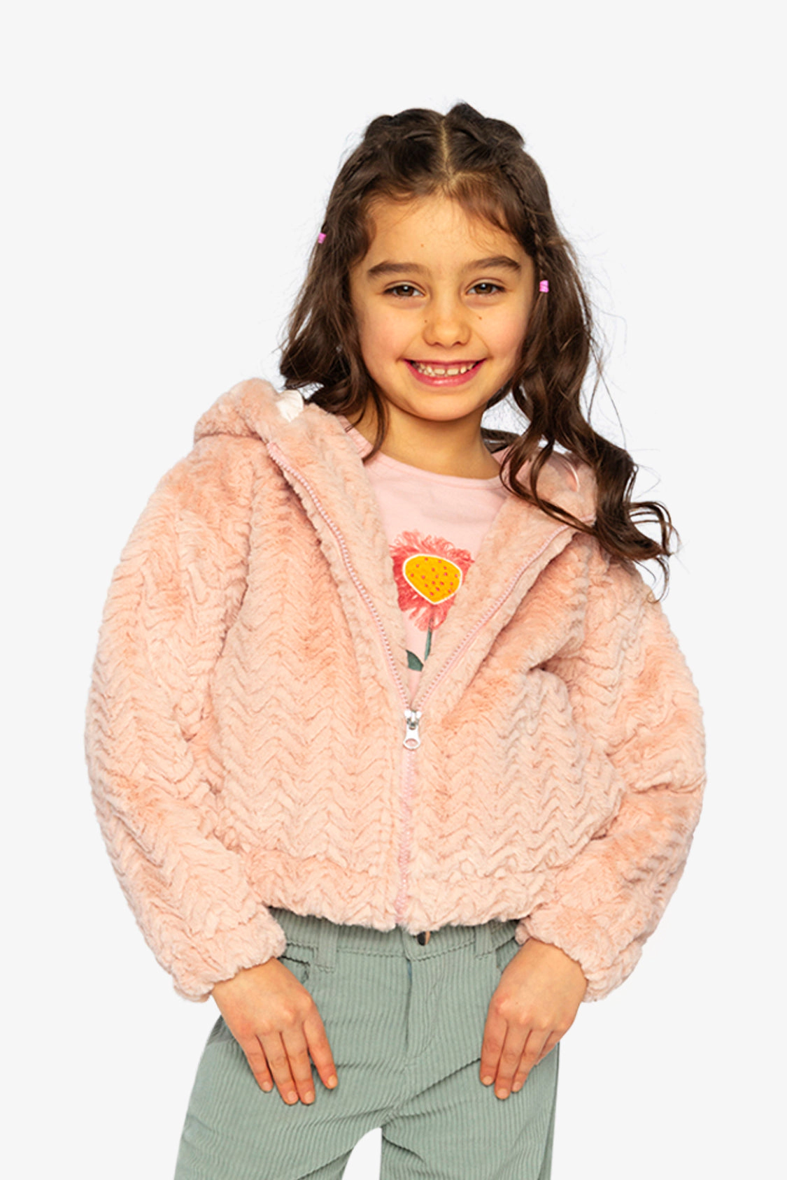 Deux par Girls Chevron Faux Fur Hooded Zip Cardigan