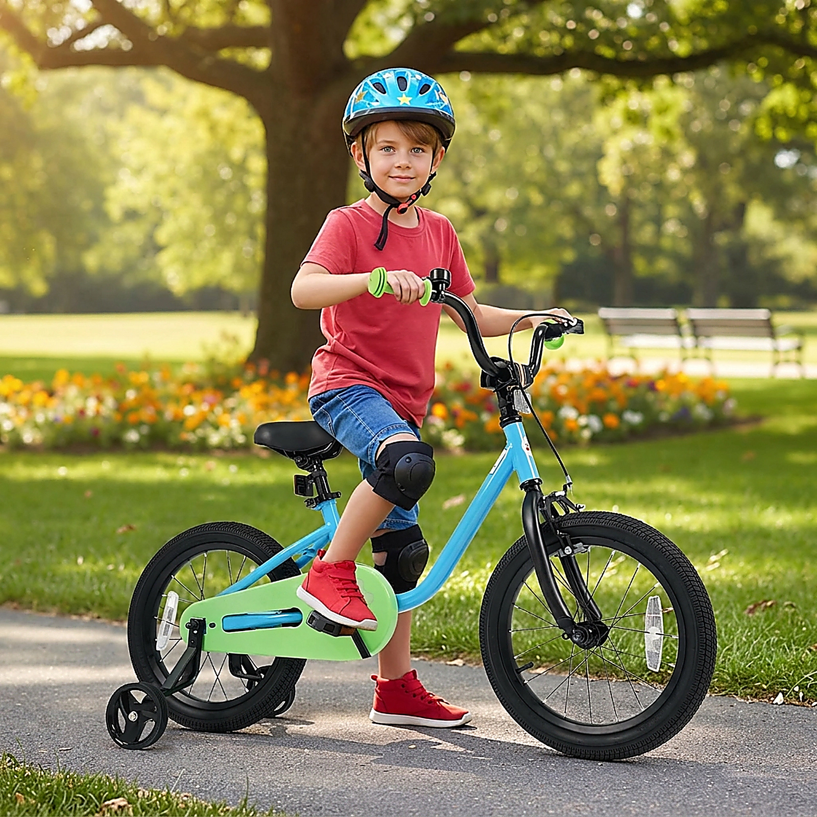SUGIFT Adjustable Kids Bicycle with Training Wheels 110-lb Seat Capacity Ages 3-7 Blue + Green 12/14/16-Inch Wheels