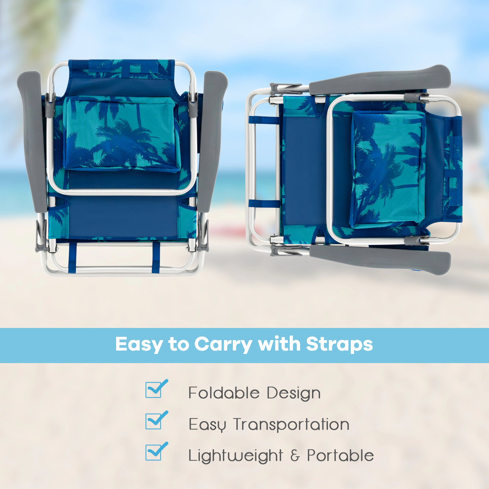 SUGIFT 2 Packs 5-Position Reclining Backpack Beach Chairs Side Table 27-in x 23.5-in x 33-in 330-lb Capacity Navy