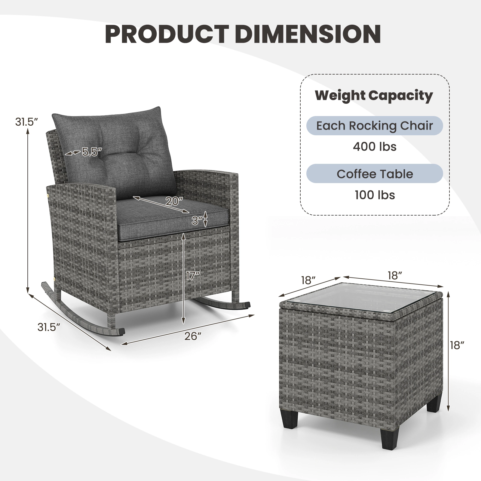 SUGIFT 3-Piece Patio Rocker Set, 2 Wicker Chairs and Glass Side Table