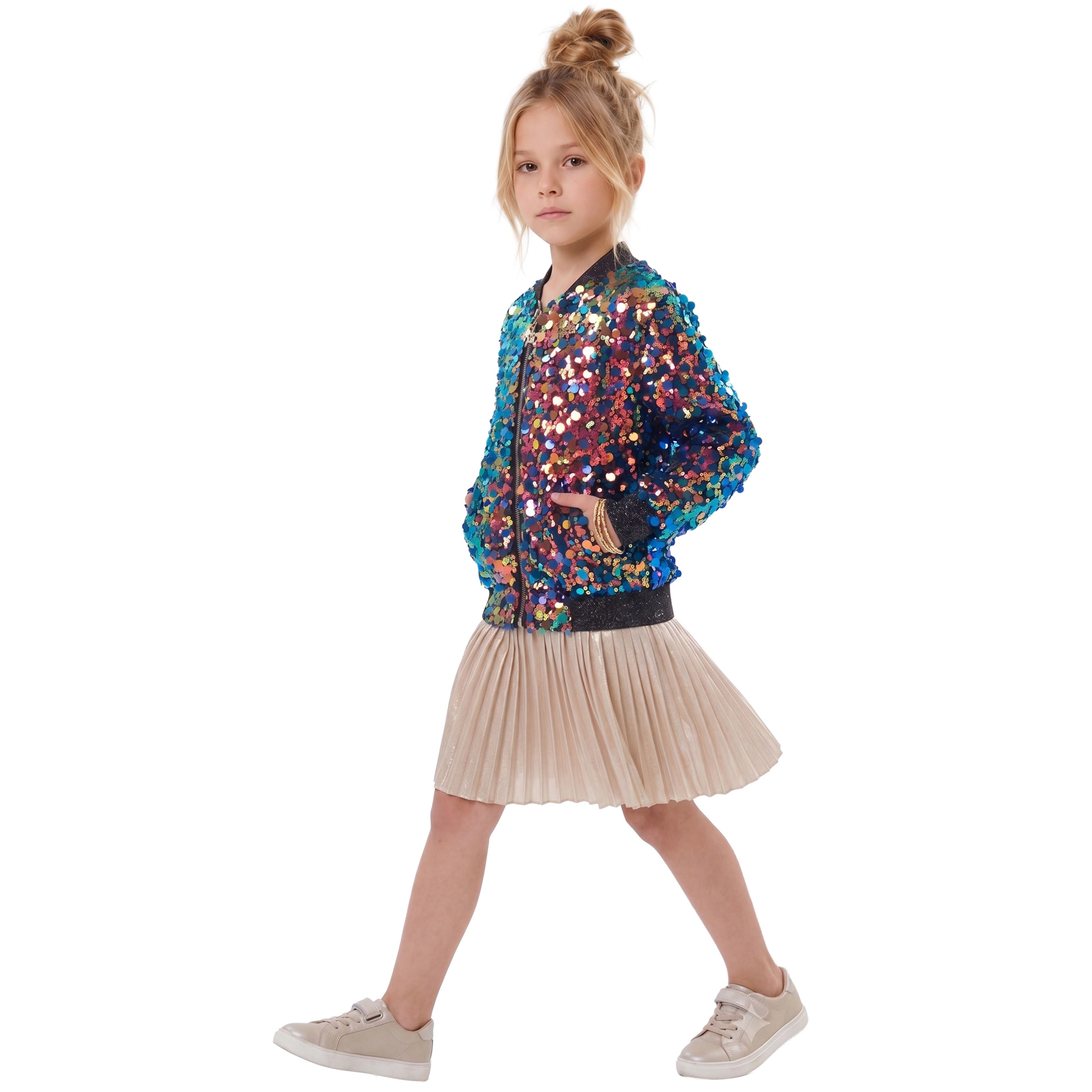 2Bunnies Girls' Fiesta Glow Sparkle Sequin Holiday Party Bomber Jacket