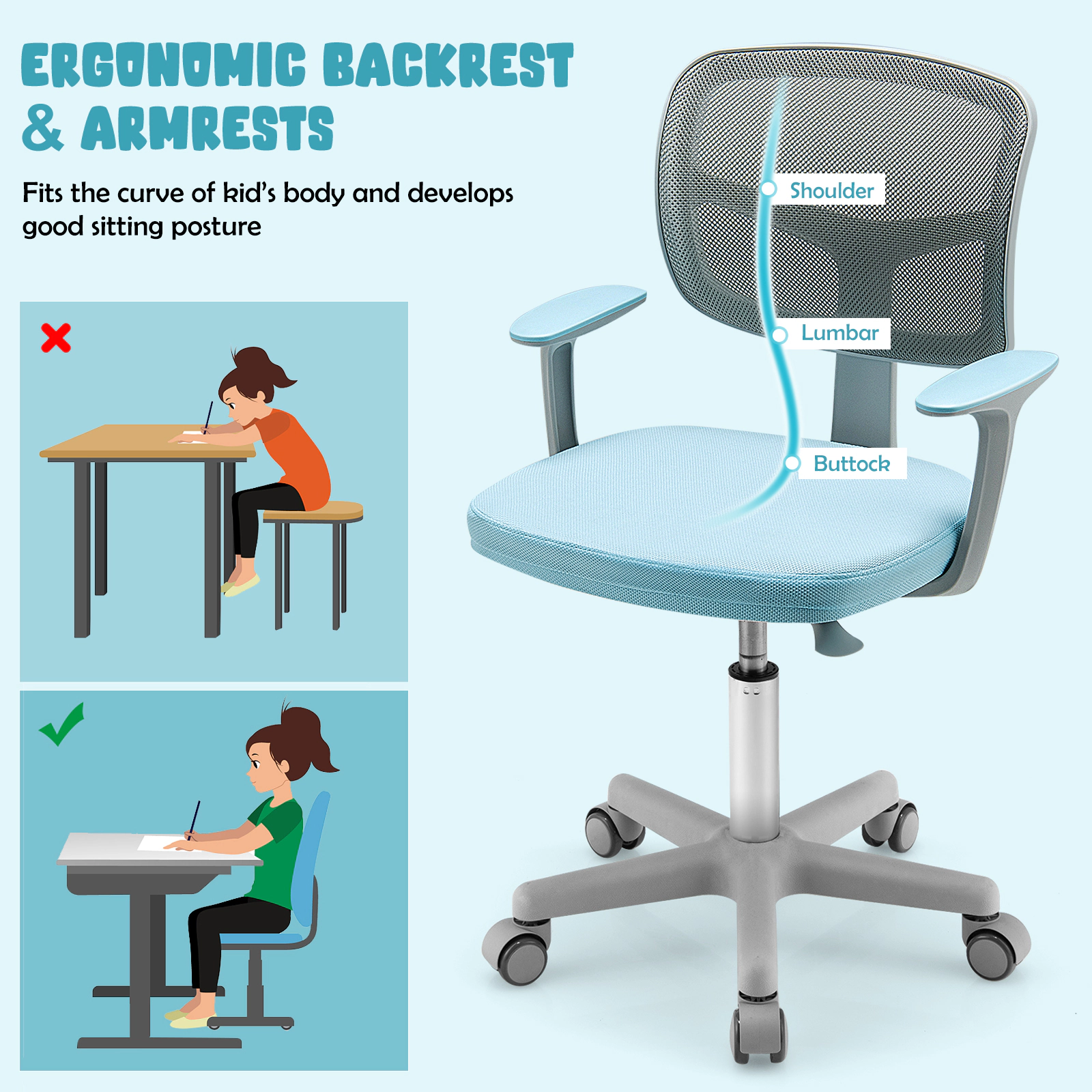 SUGIFT Kids Mesh Desk Chair with Auto Brake Casters and Detachable Cushion Blue