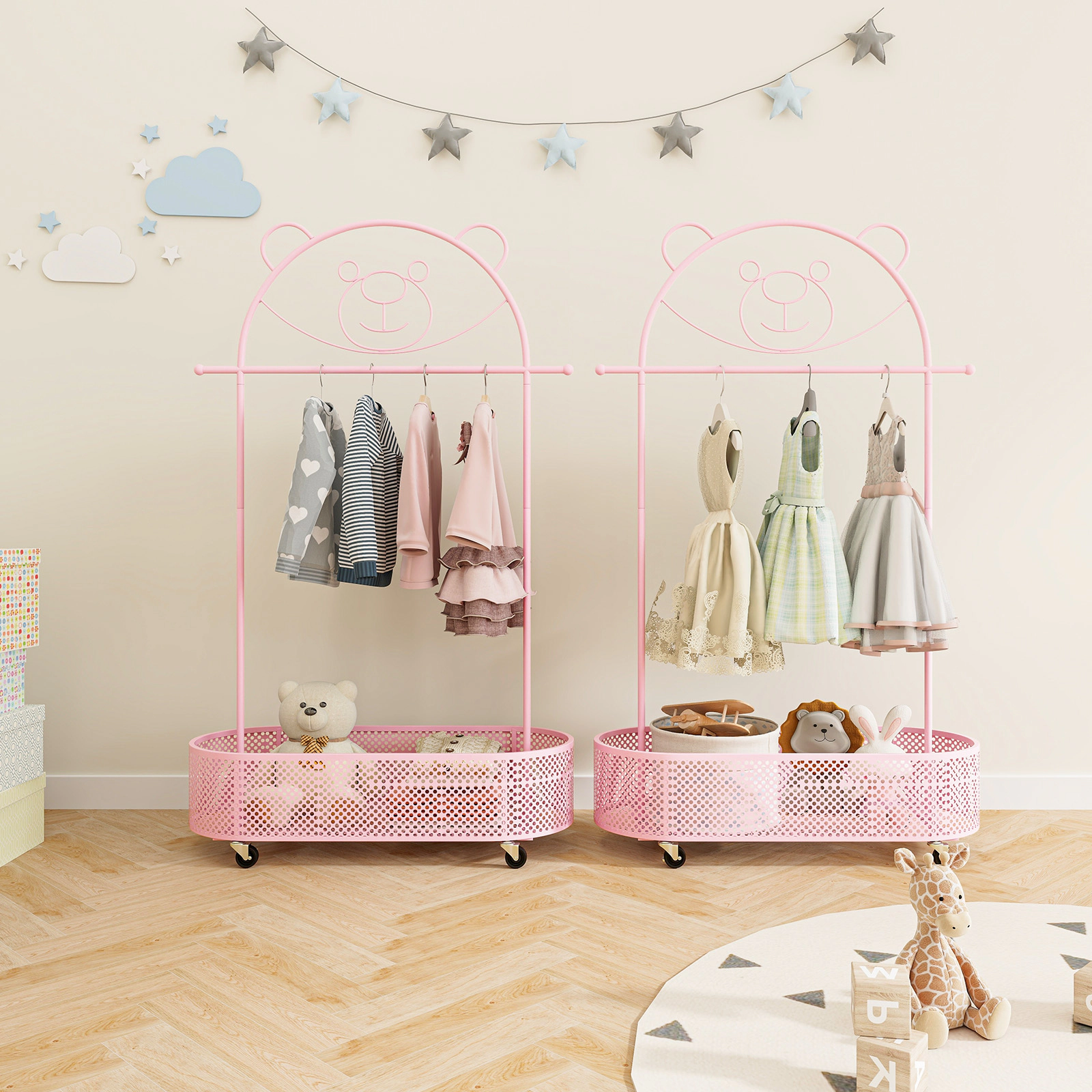 SUGIFT Kids 3 Adjustable Heights Metal Open Closet Clothes Rack 32-in x 13.5-in x 72-in 39.5-in to 60-in Rod Pink