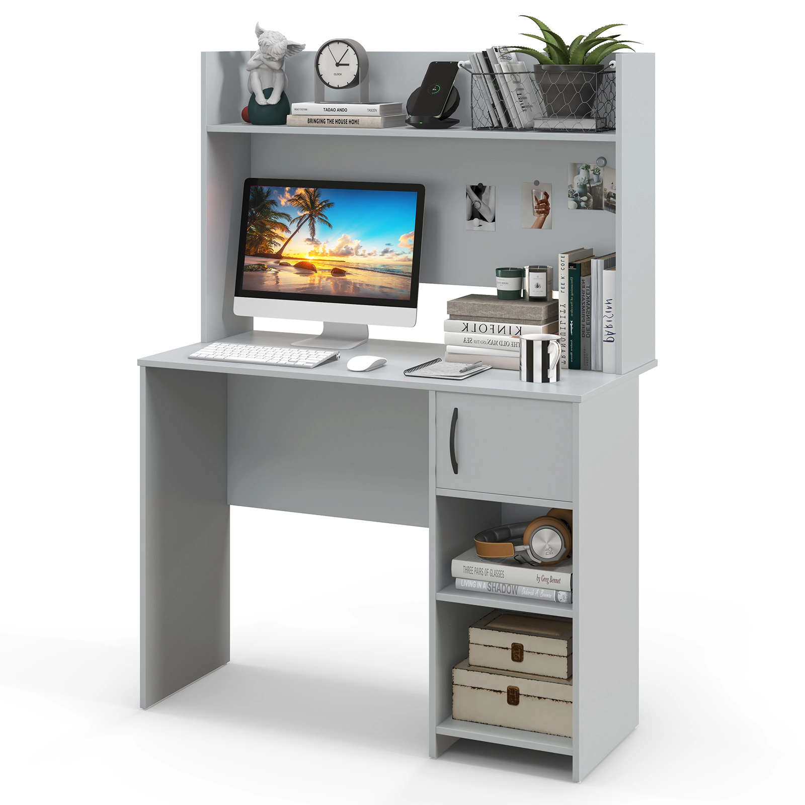 SUGIFT Gray Computer Desk with Hutch, Storage Shelves and Open Cabinet