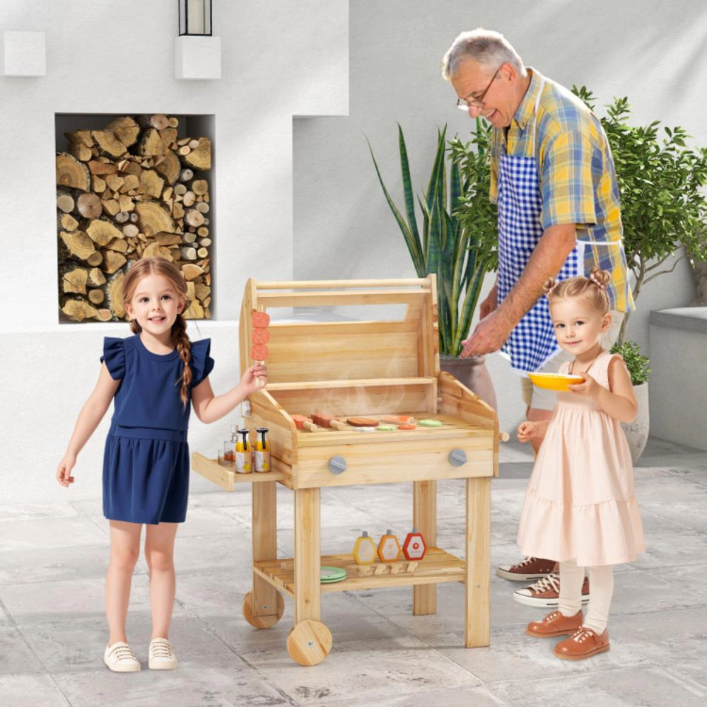 Hivvago Kids Wooden Barbecue Grill Playset Pretend Kitchen with Food and Wheels-Natural