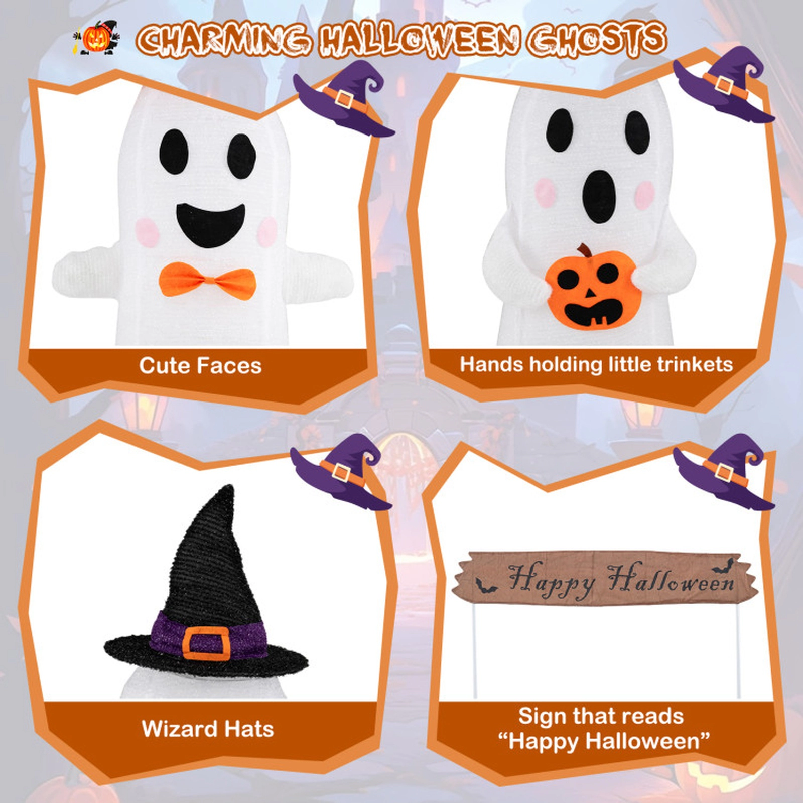 SUGIFT 4-Piece Halloween Pop Up Ghost Decoration Set with Gate Sign 170 LED Lights and 12 Ground Stakes