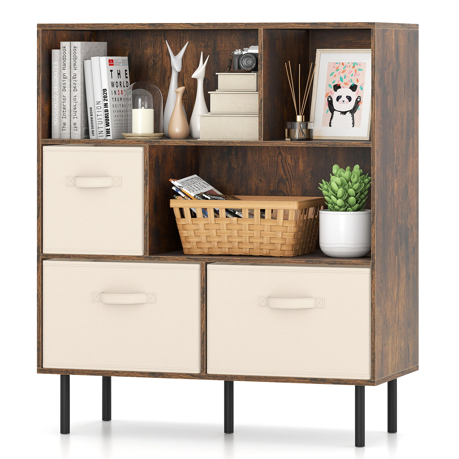 SUGIFT 6-Cube Bookshelf with 3 Removable Folding Fabric Drawers 330-lb Capacity Rustic Brown