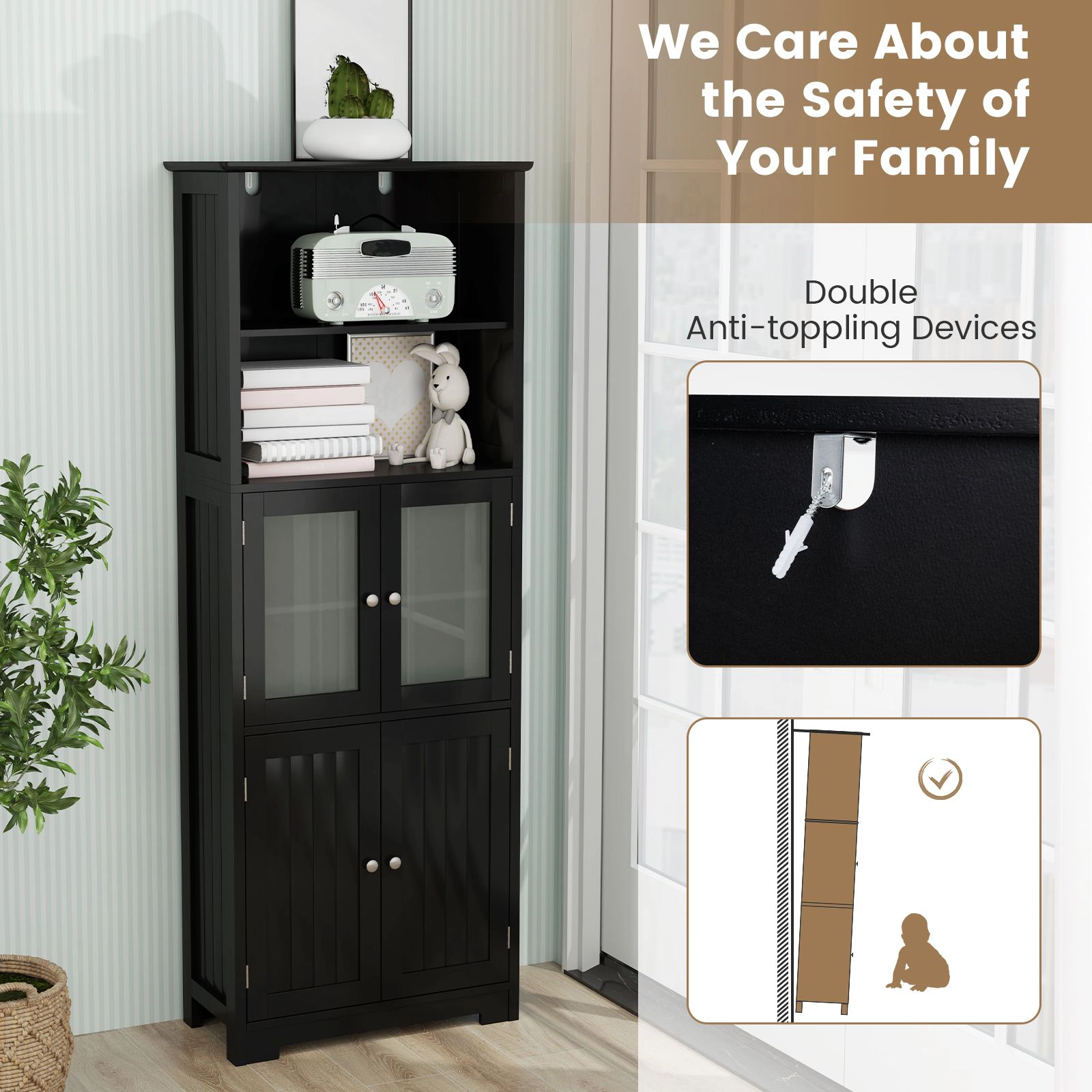 SlickBlue 64" Tall Bathroom Storage Cabinet with Glass Doors