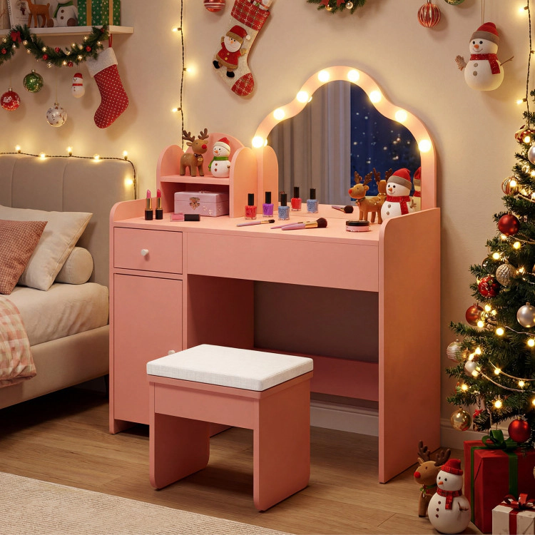 Hivvago Kids Vanity Desk With Mirror And Lights Princess Pretend Play Dressing Table