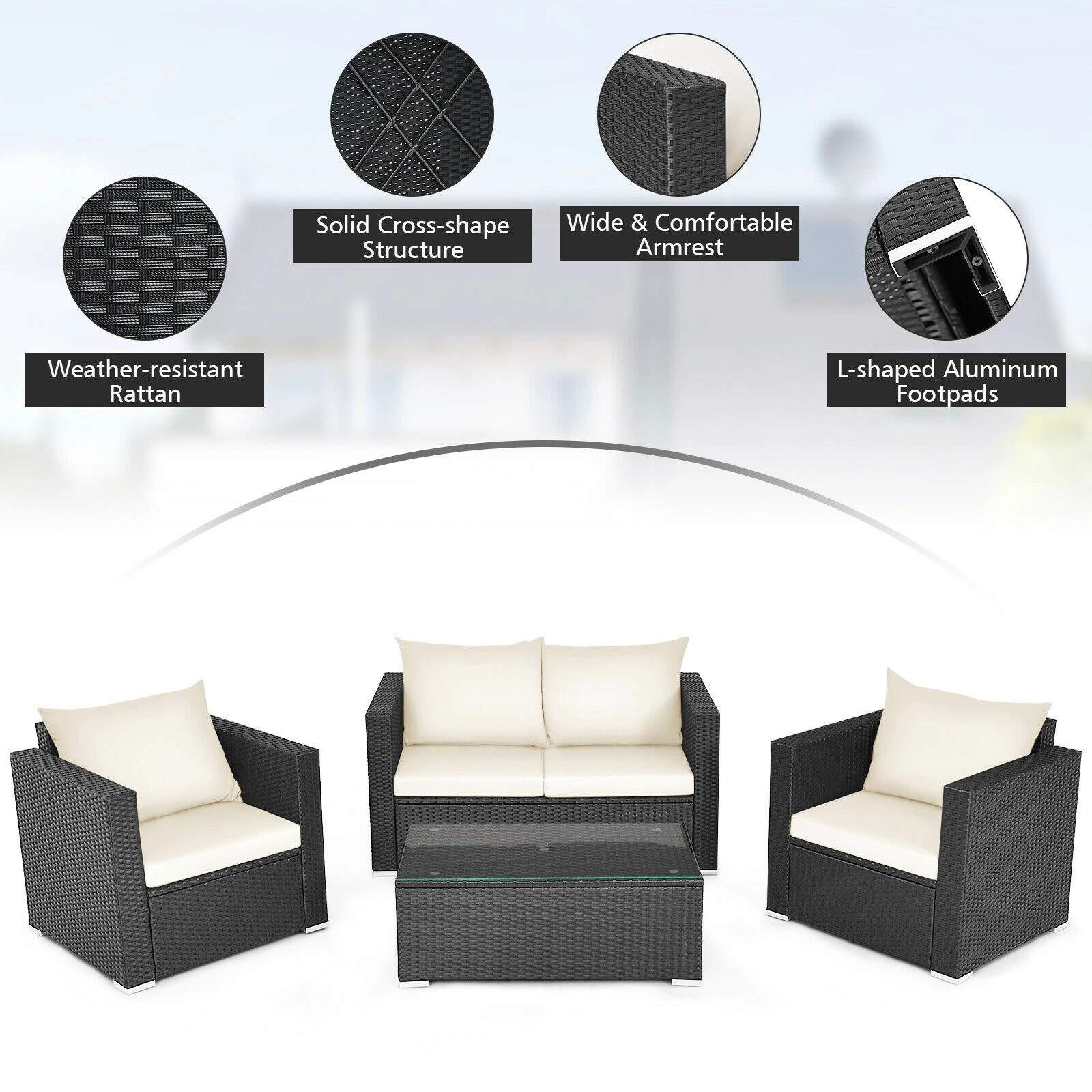 SUGIFT 4-Piece White Rattan Patio Conversation Set with Loveseat, 2 Sofas and Glass Table