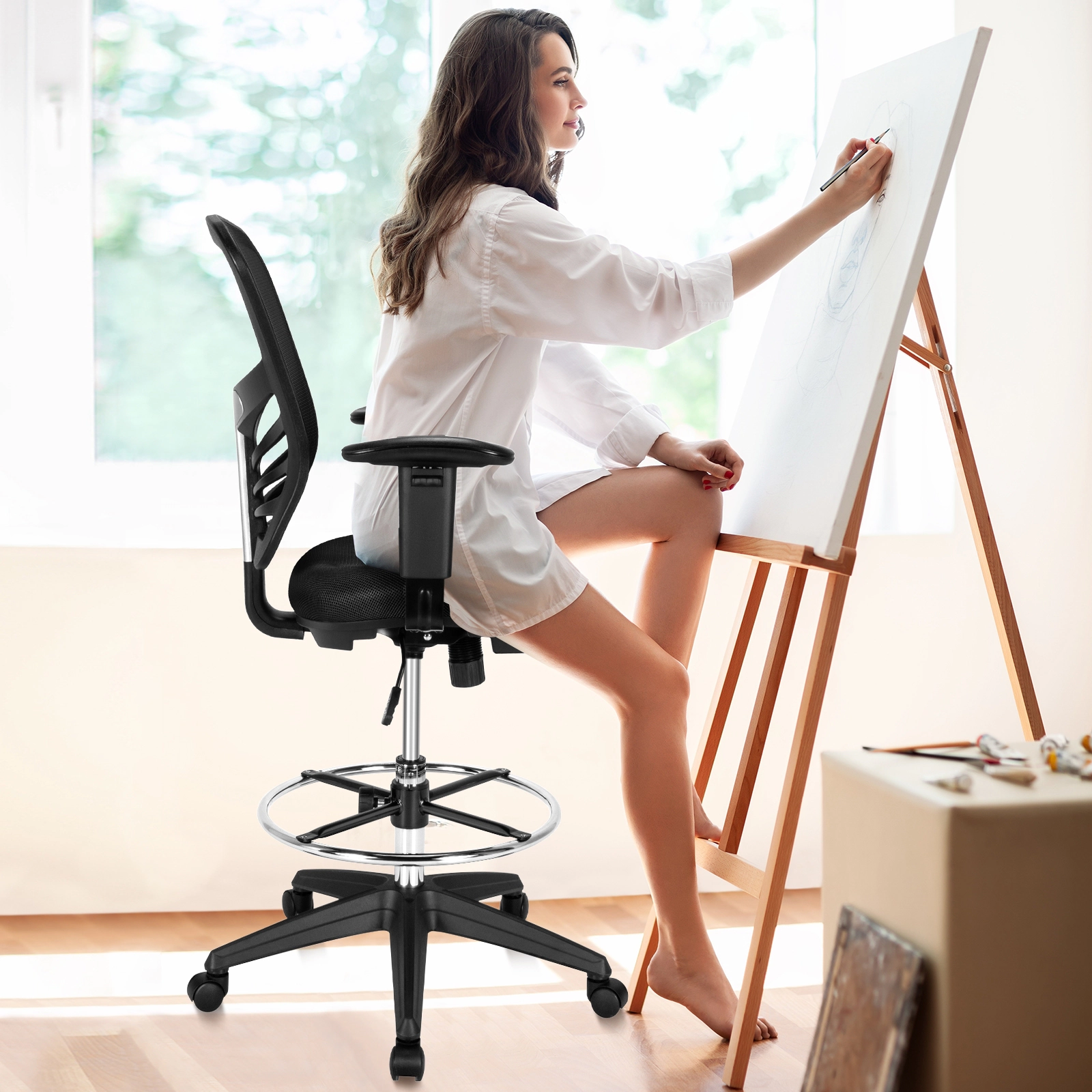 SUGIFT 330-lb Capacity Black Mesh Tall Drafting Chair with Adjustable Armrests and 18-in Footrest Ring