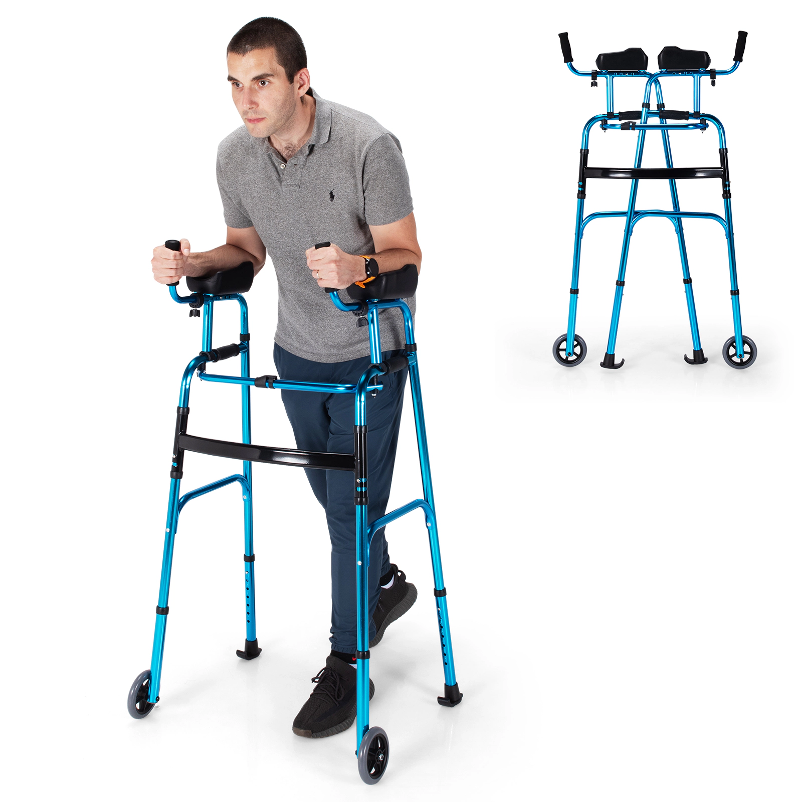 SUGIFT Folding Adjustable Aluminum Wheel Walking Frame 41.5-in Tall 440-lb Capacity Navy/Silver