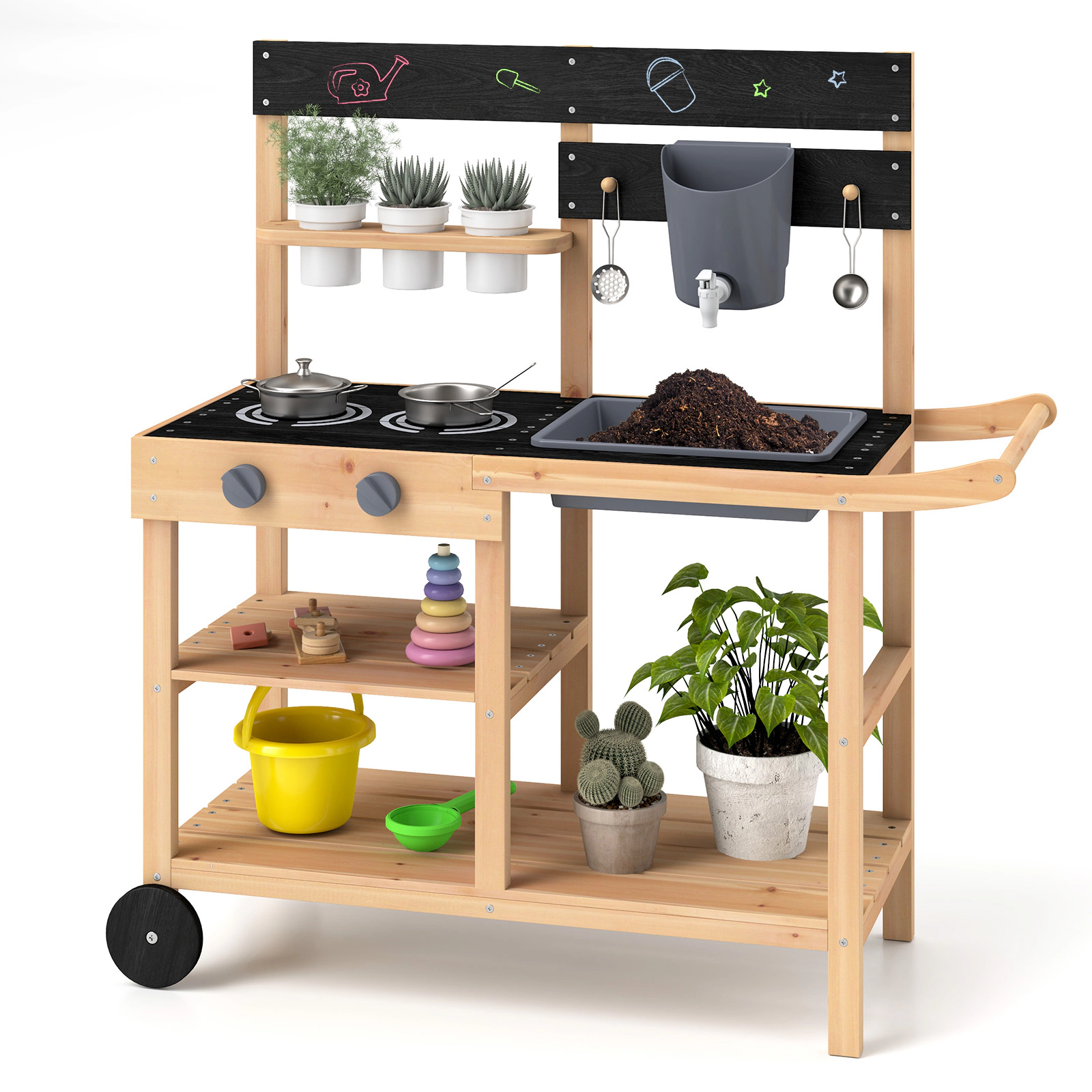 SUGIFT Natural Blackboard Planting Pots and Wheels Outdoor Kids Fir Wood Play Kitchen