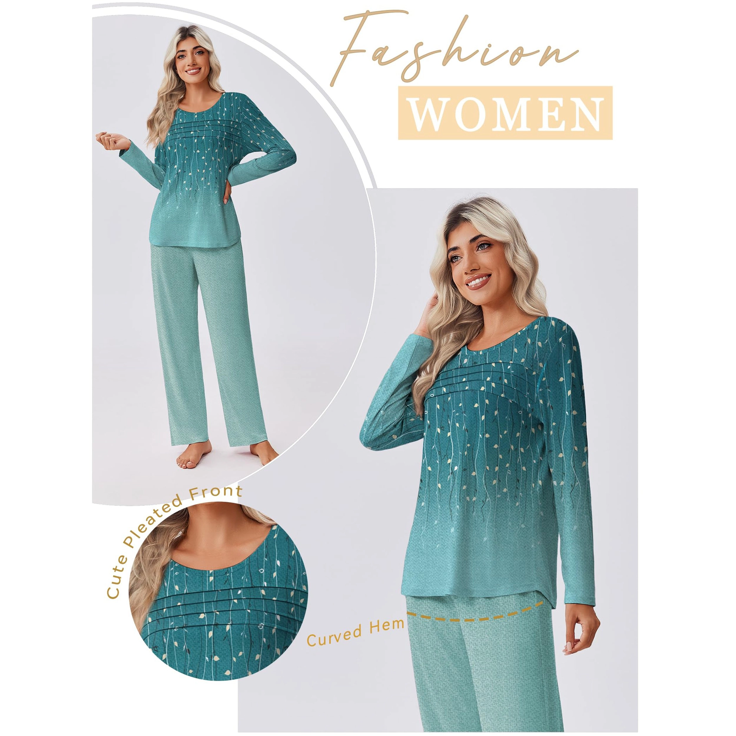 Ekouaer Womens Pajama Sets Pleated Tops with Long Pants Lounge Set Long Sleeve Ladies Pajamas