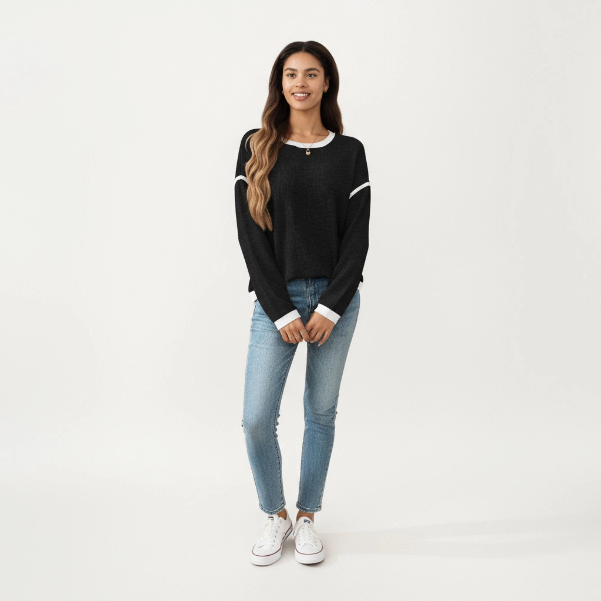 Anna-Kaci Women's Contrast Trim Relaxed Fit Long Sleeve Knit Top